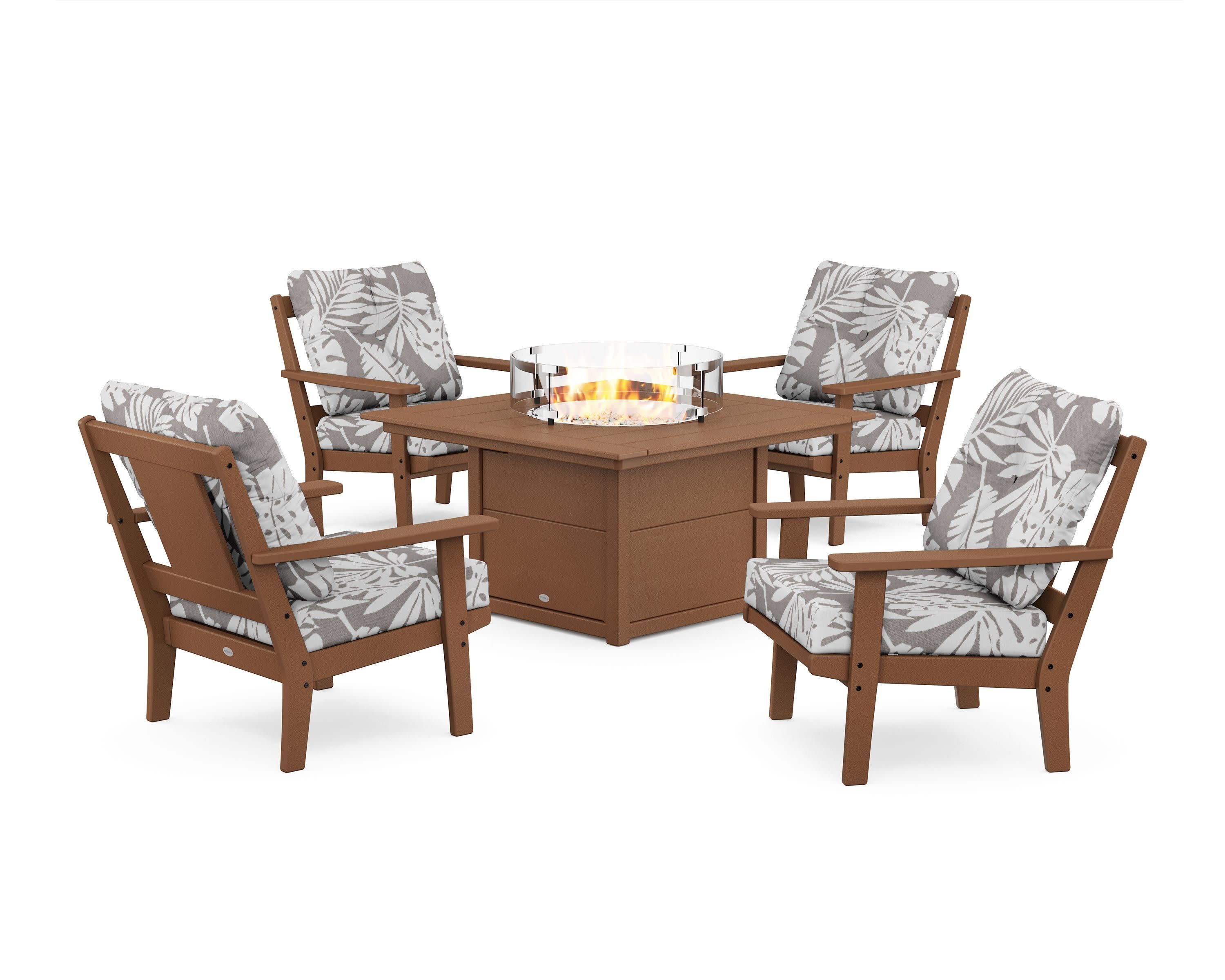 Prairie 5-Piece Deep Seating Set with Fire Pit Table in Teak / Leaf Grey Mist
