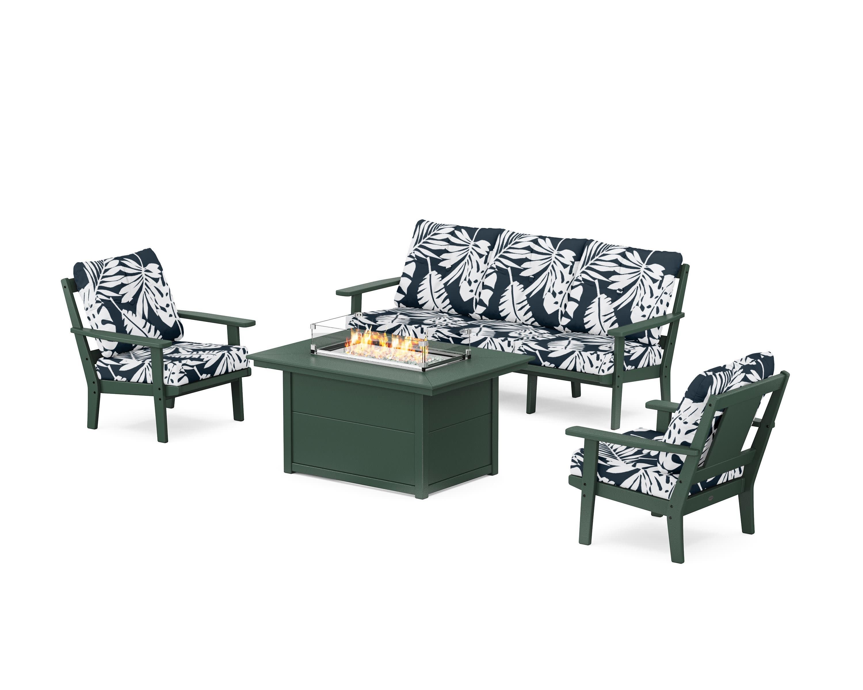 Prairie Deep Seating Fire Pit Table Set in Green / Leaf Marine Indigo
