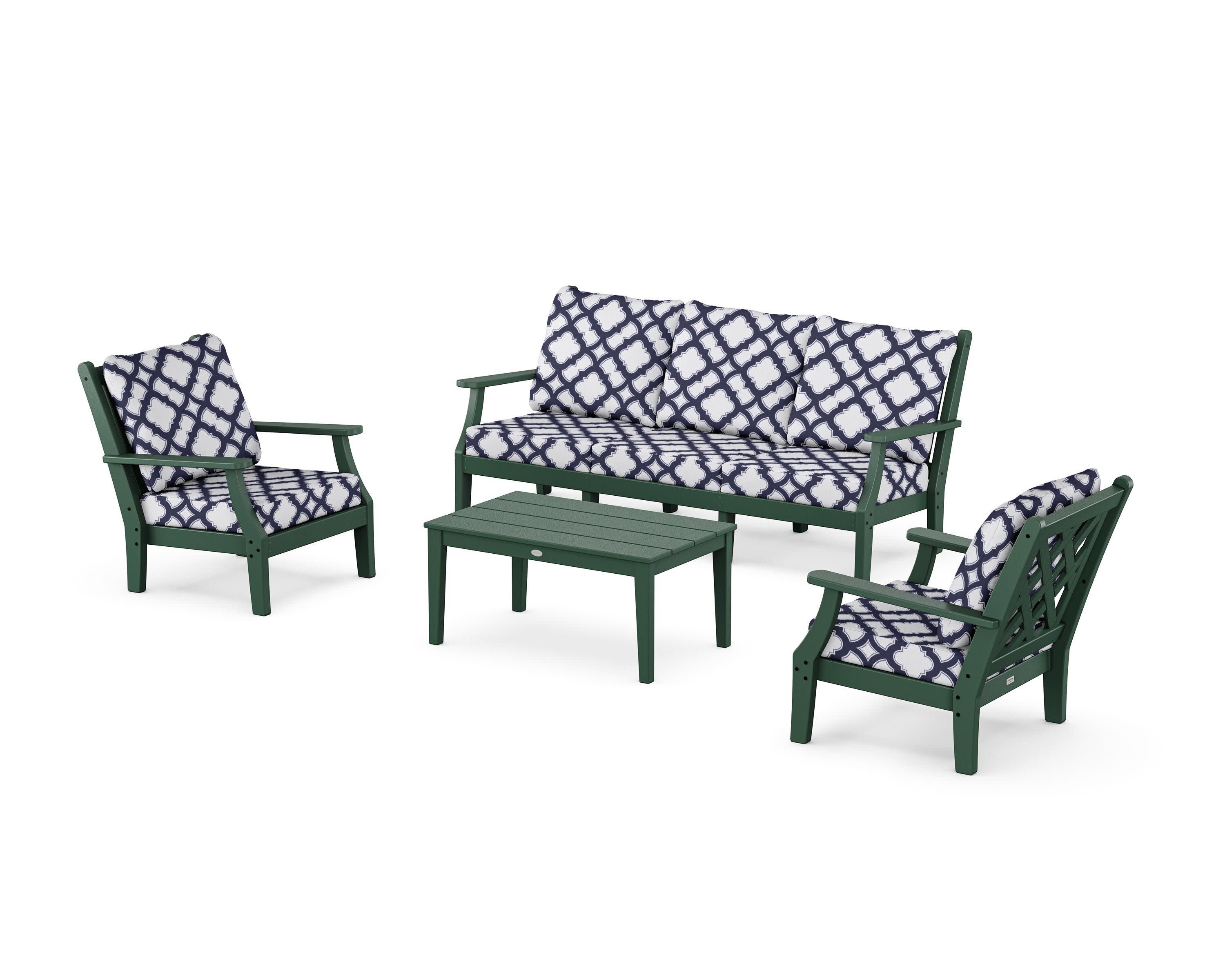 Wovendale 4-Piece Deep Seating Set with Sofa in Green / Trellis Navy
