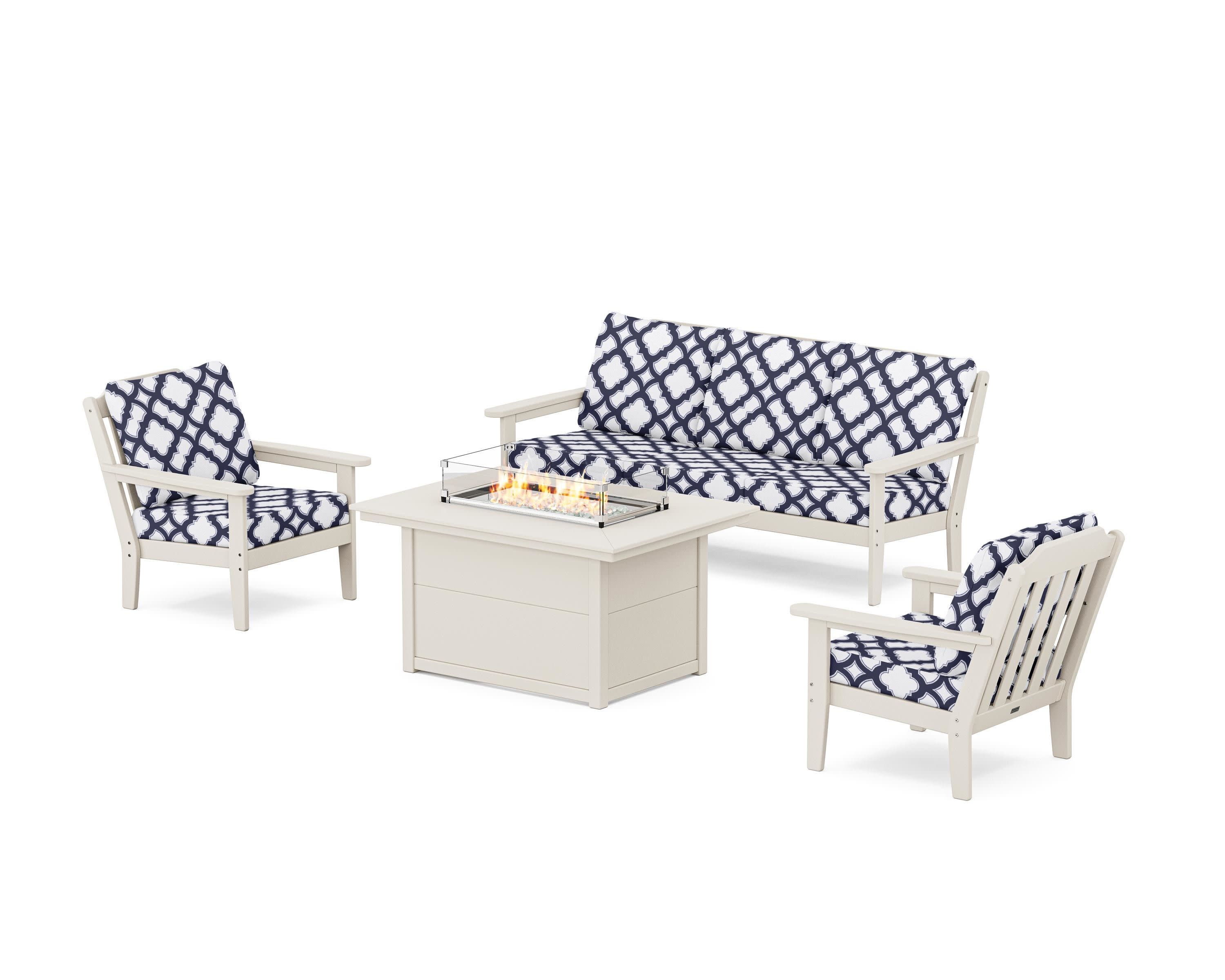 Cottage Deep Seating Fire Pit Table Set in Sand / Trellis Navy
