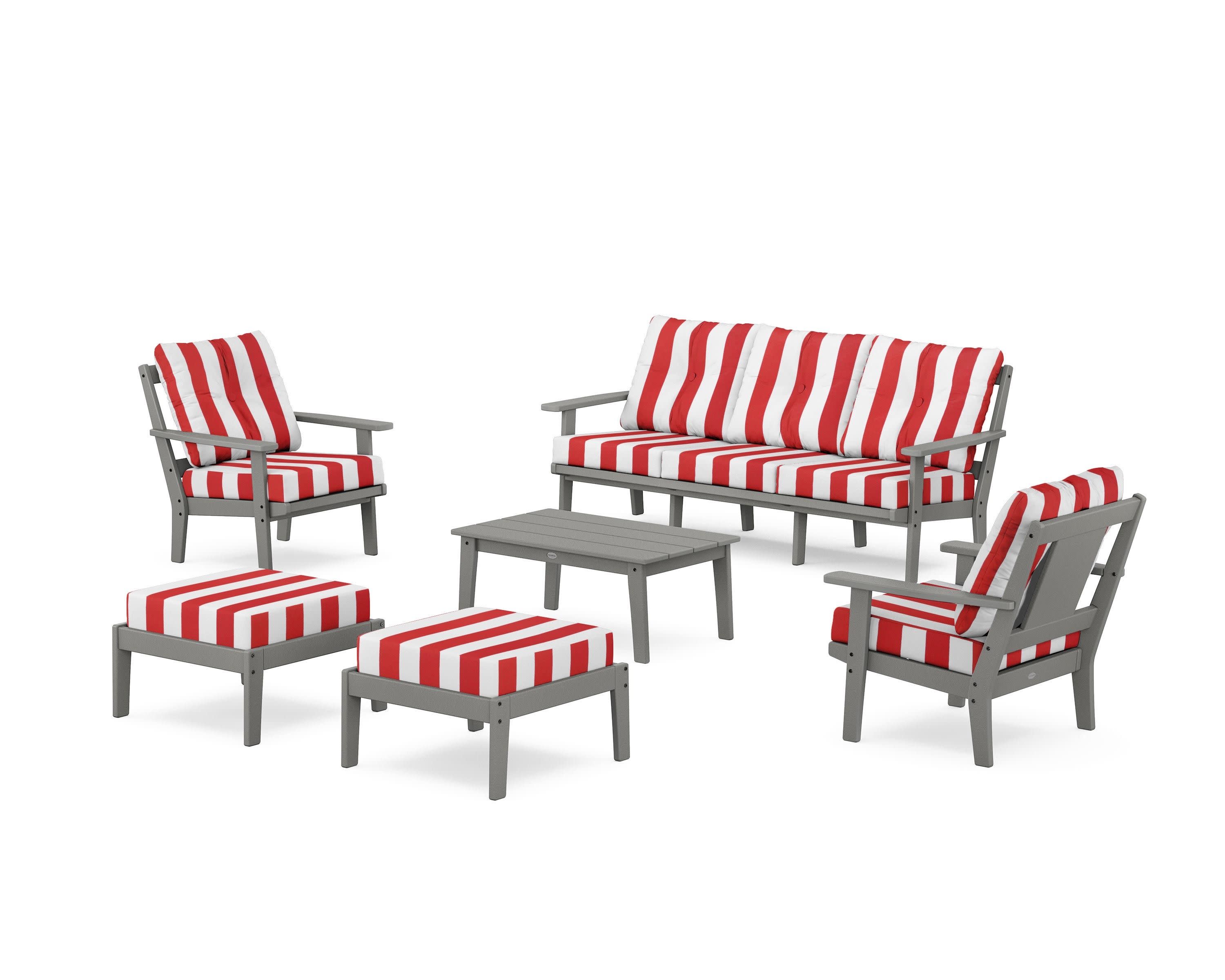 Prairie 6-Piece Lounge Sofa Set in Slate Grey / Cabana Stripe Crimson