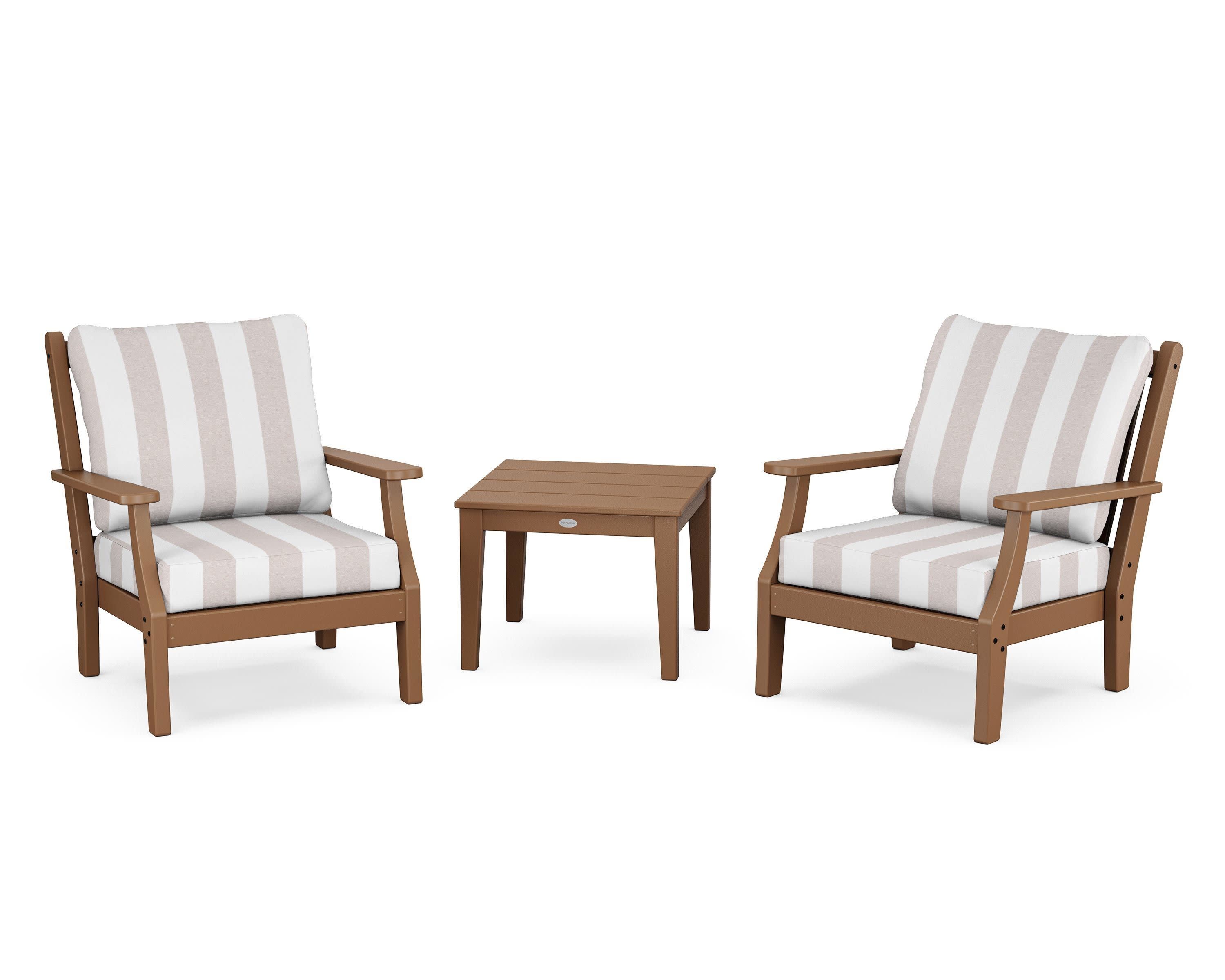 Wovendale 3-Piece Deep Seating Set in Teak / Cabana Stripe Dune Burlap