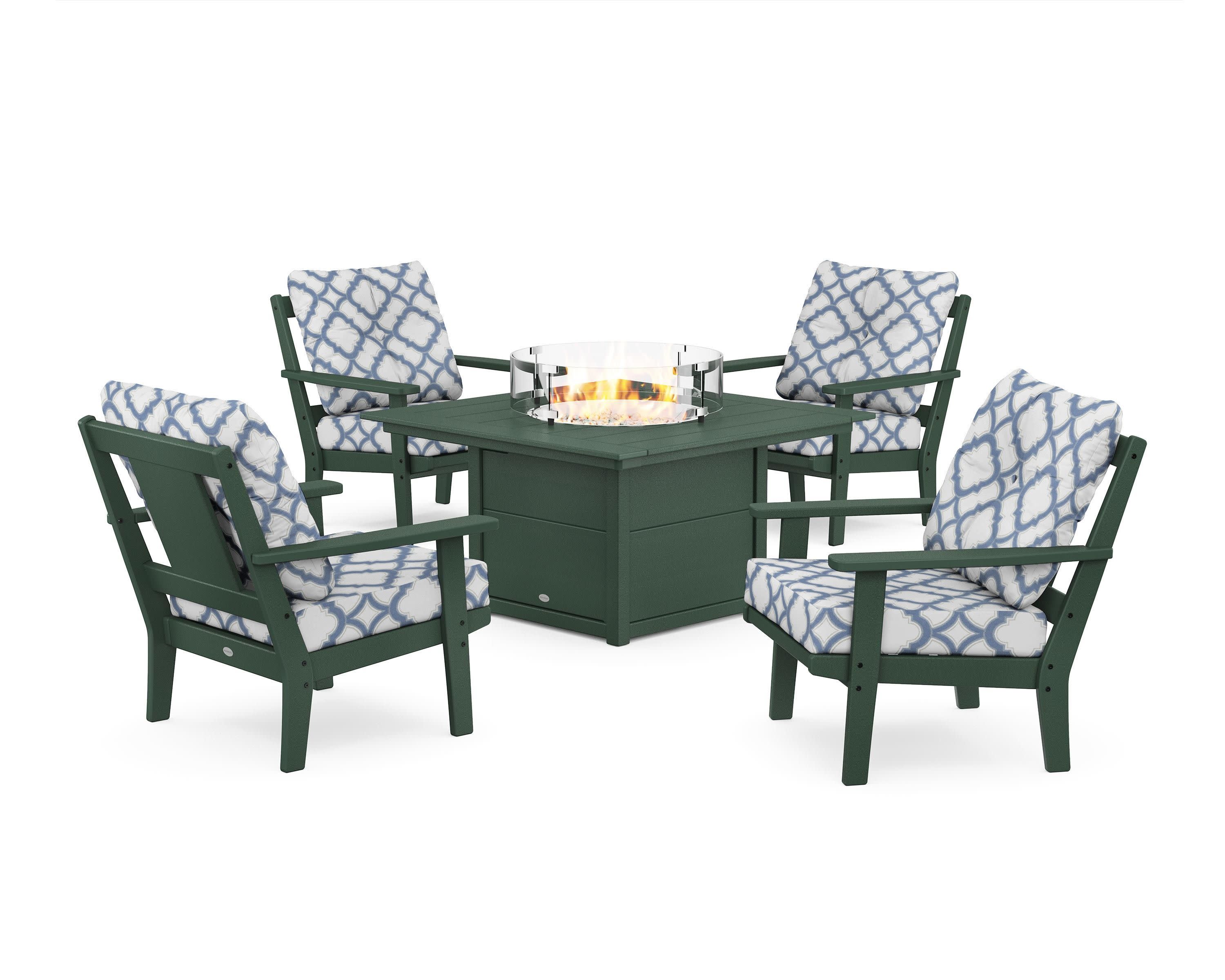 Prairie 5-Piece Deep Seating Set with Fire Pit Table in Green / Trellis Sky Blue