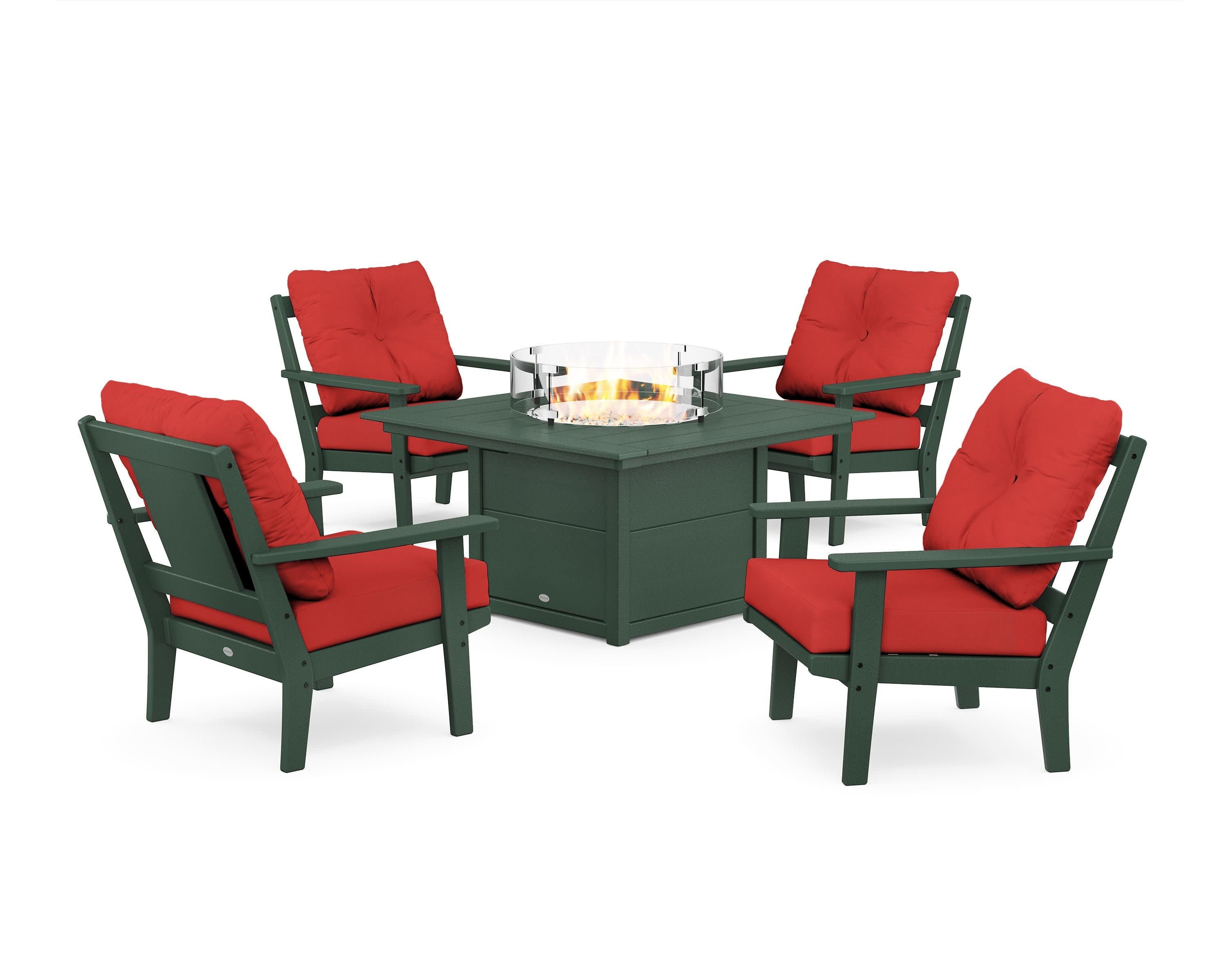 Prairie 5-Piece Deep Seating Set with Fire Pit Table in Green / Crimson Linen