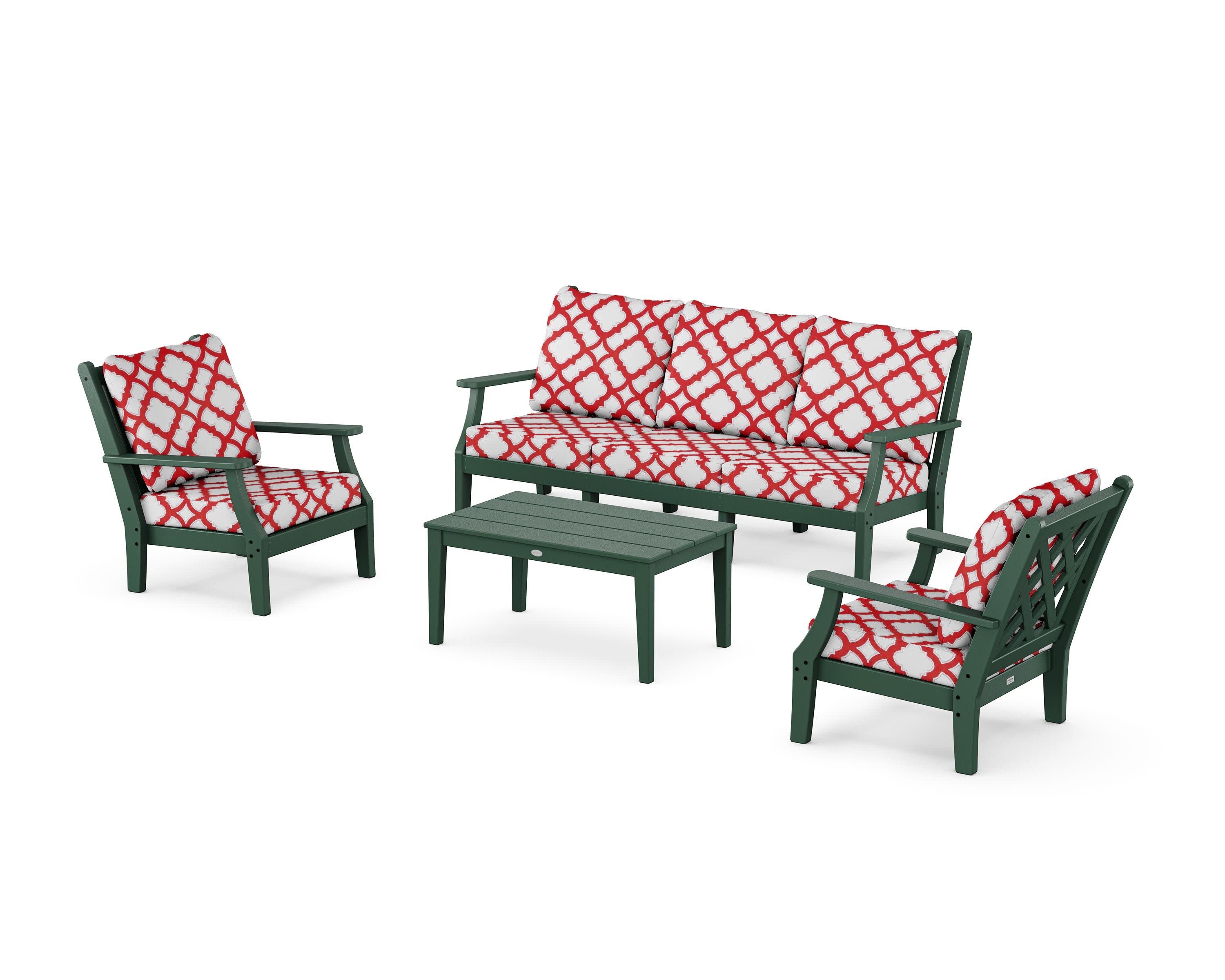 Wovendale 4-Piece Deep Seating Set with Sofa in Green / Trellis Crimson