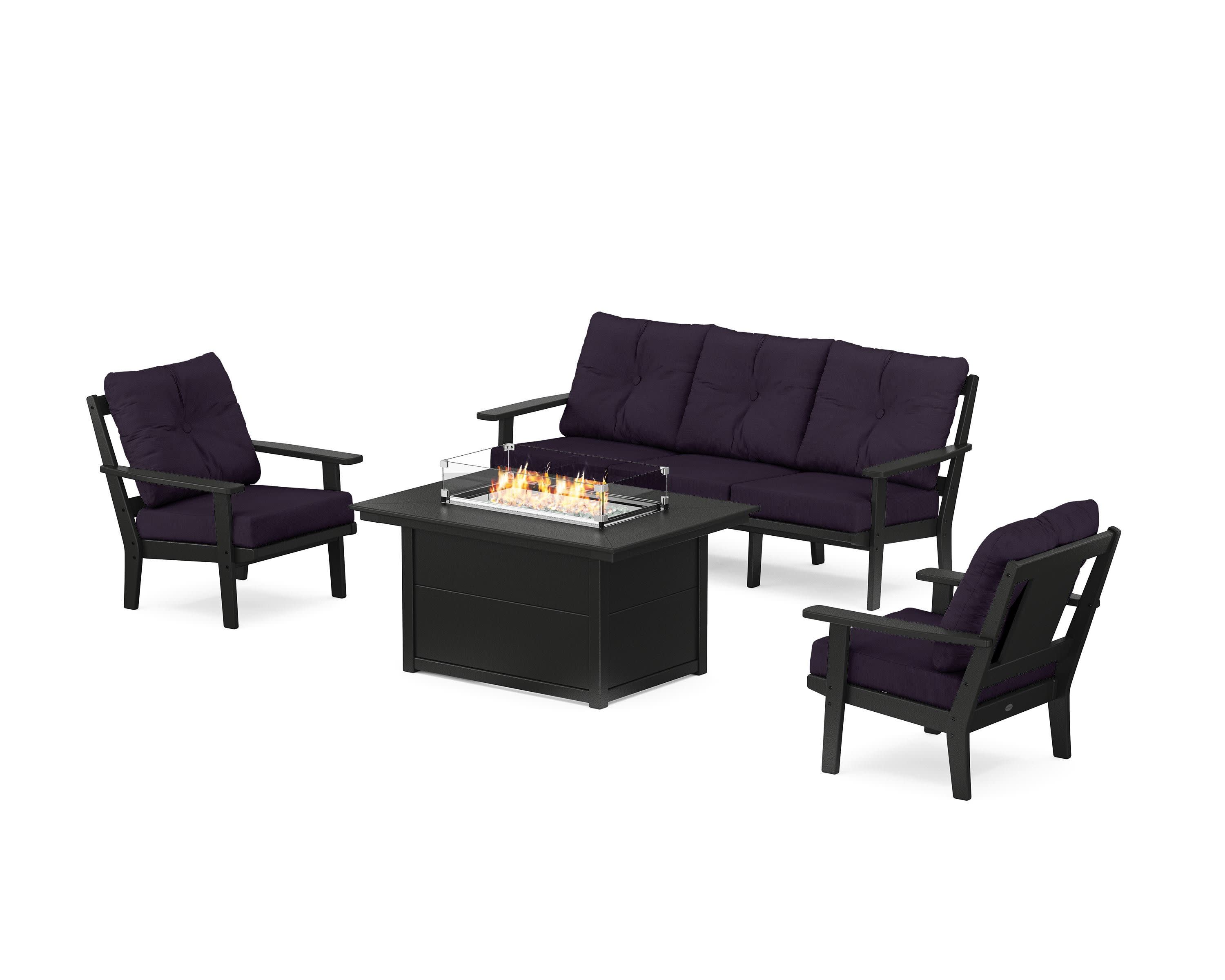 Prairie Deep Seating Fire Pit Table Set in Black / Navy Linen