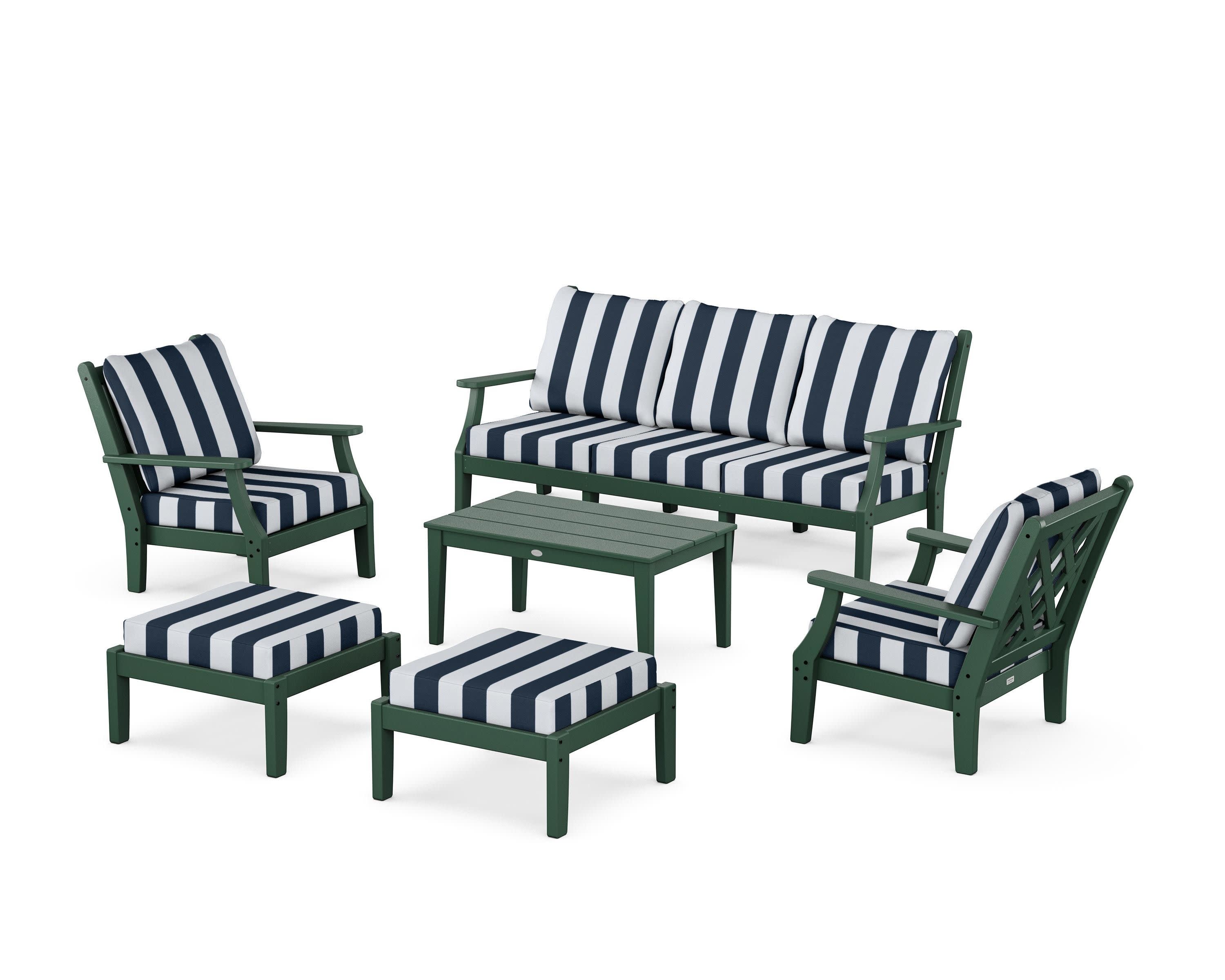 Wovendale 6-Piece Lounge Sofa Set in Green / Cabana Stripe Marine Indigo