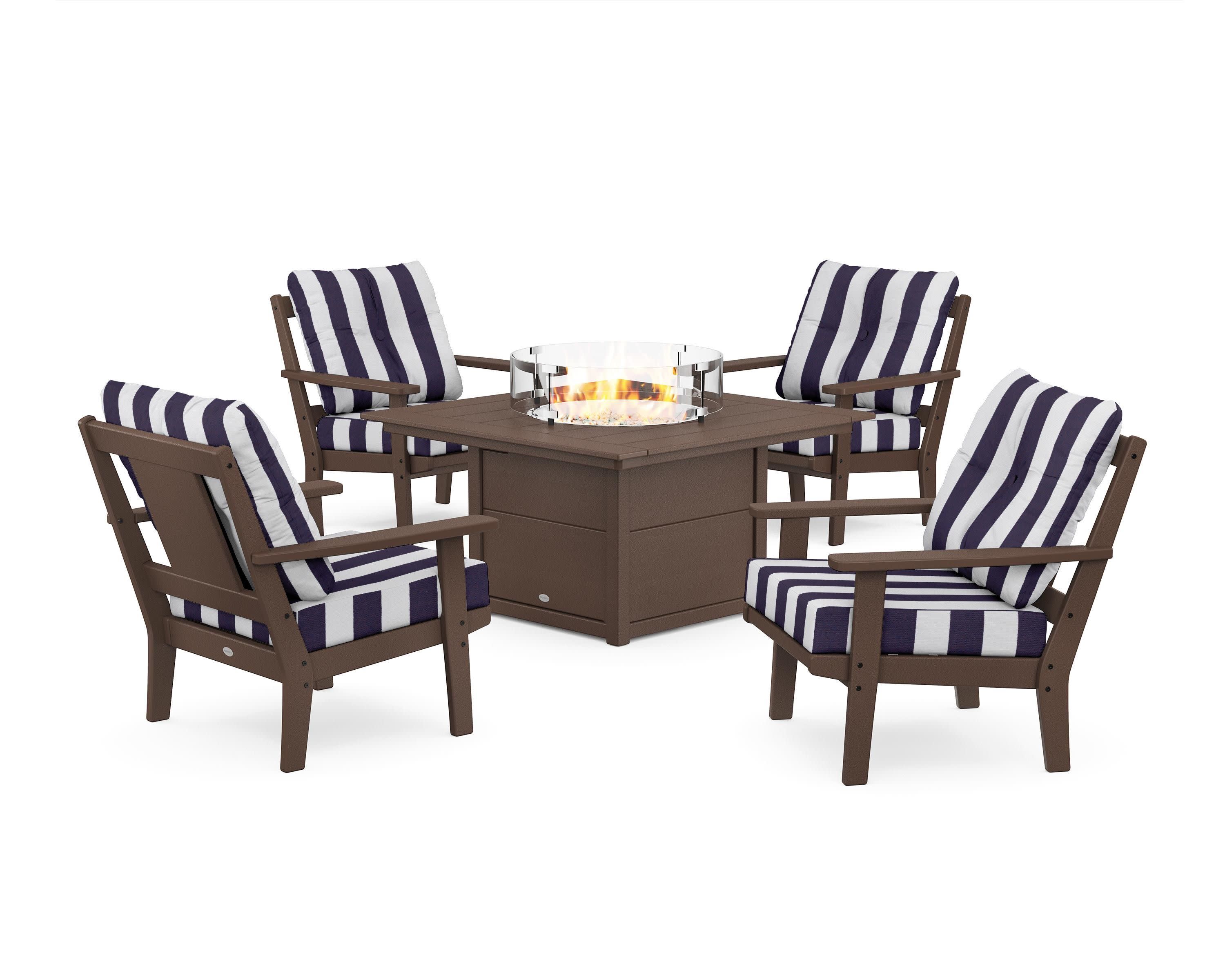 Prairie 5-Piece Deep Seating Set with Fire Pit Table in Mahogany / Cabana Stripe Navy