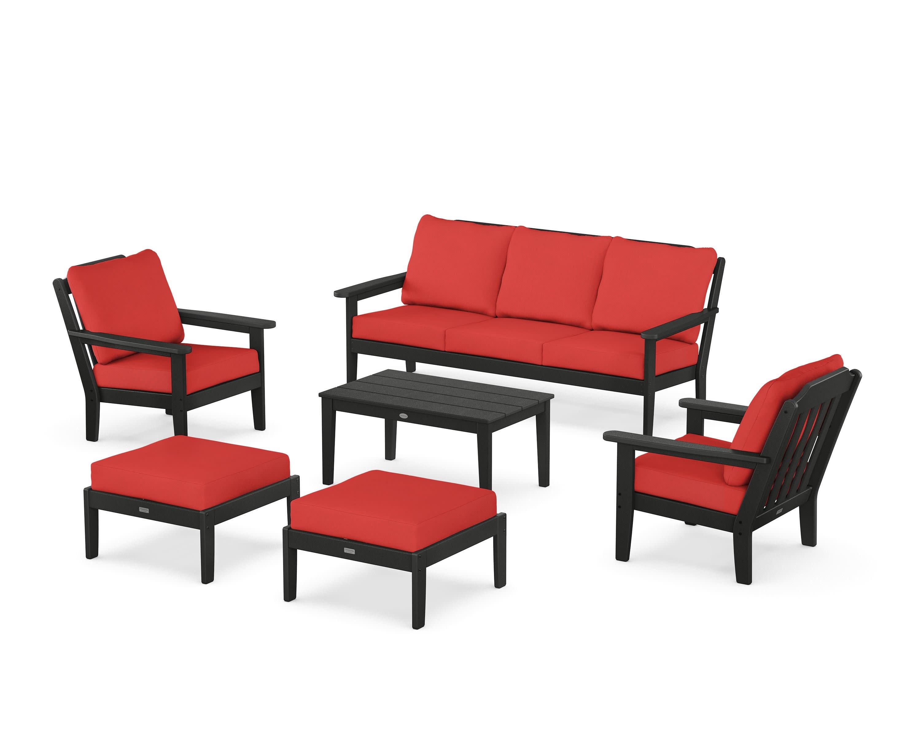 Cottage 6-Piece Lounge Sofa Set in Black / Crimson Linen