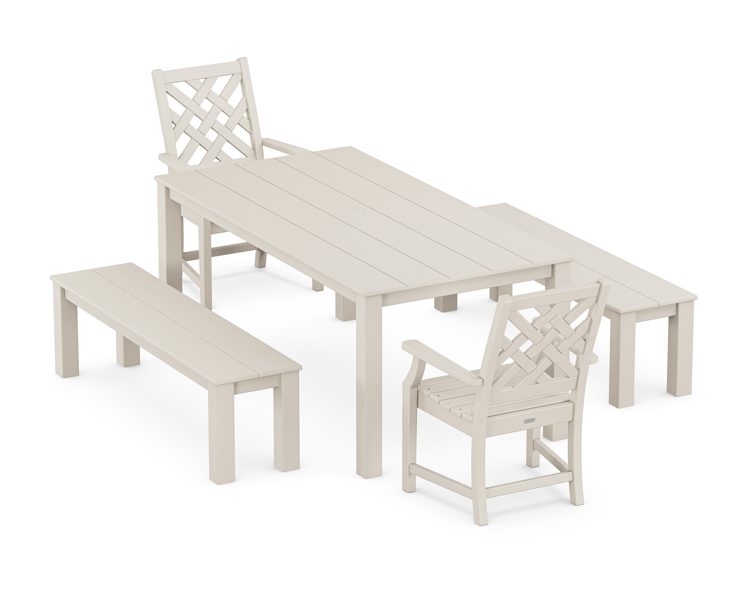 Wovendale 5-Piece Parsons Dining Set with Benches in Sand