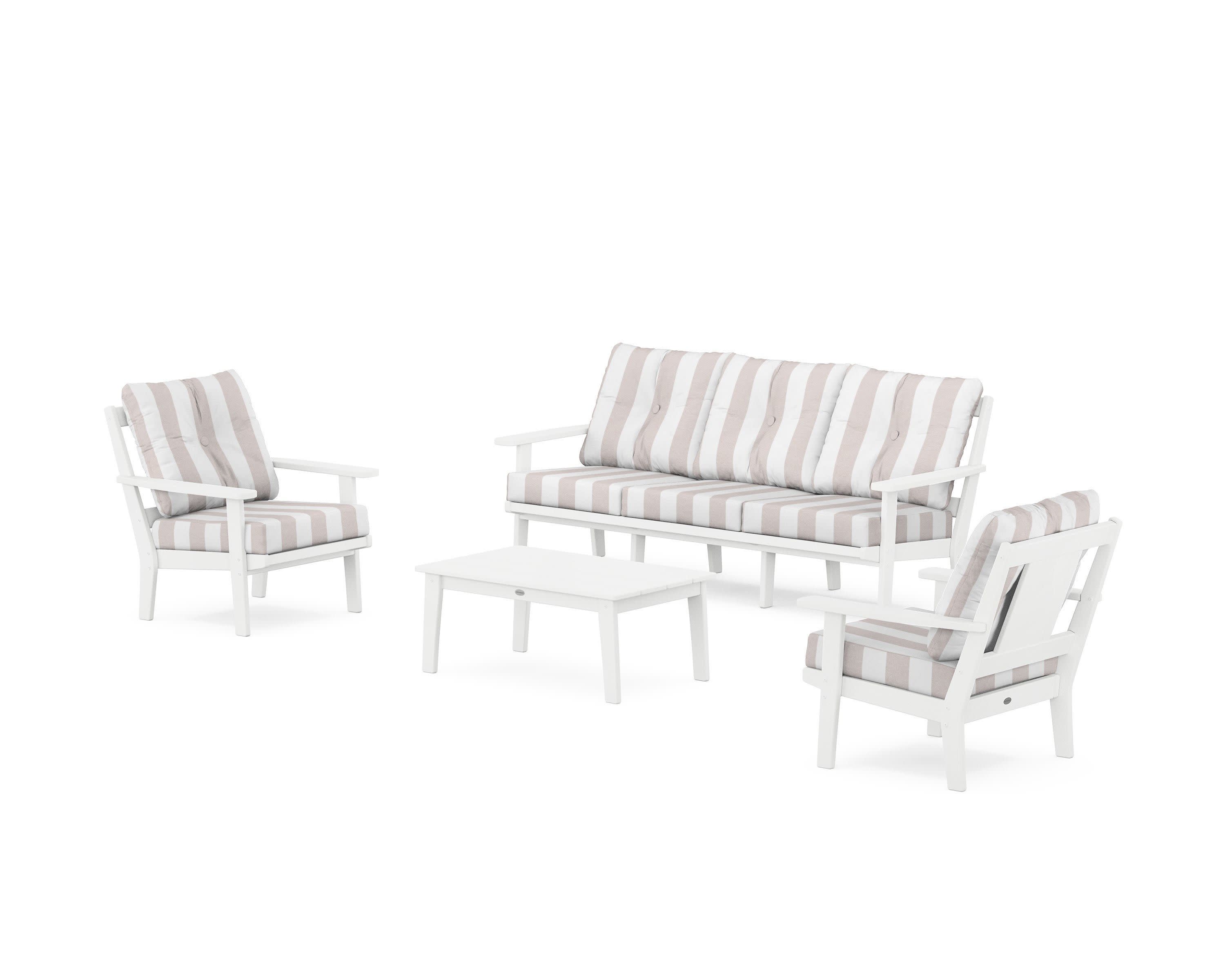 Prairie 4-Piece Deep Seating Set with Sofa in White / Cabana Stripe Dune Burlap
