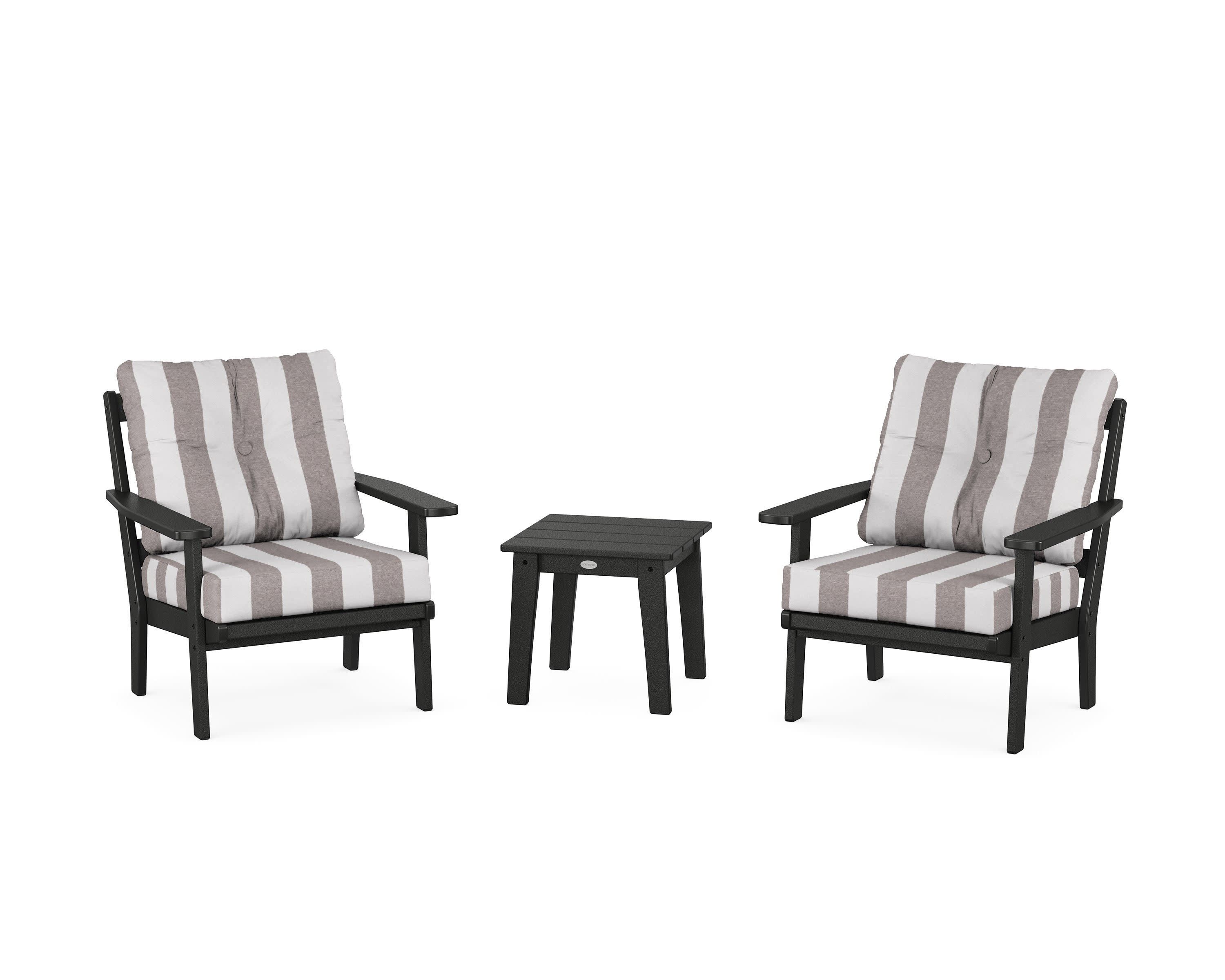 Prairie 3-Piece Deep Seating Set in Black / Cabana Stripe Grey Mist