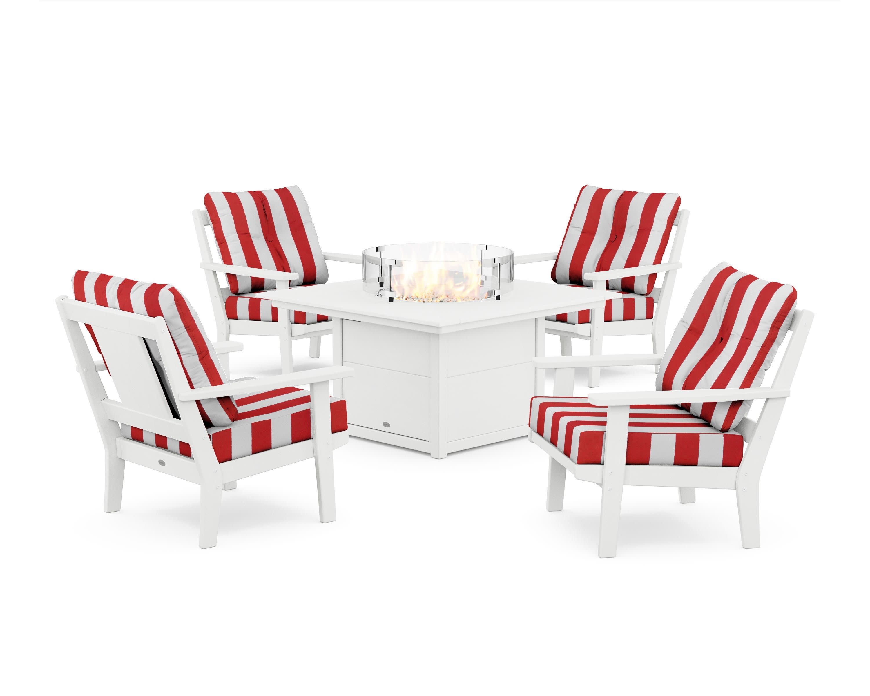 Prairie 5-Piece Deep Seating Set with Fire Pit Table in White / Cabana Stripe Crimson