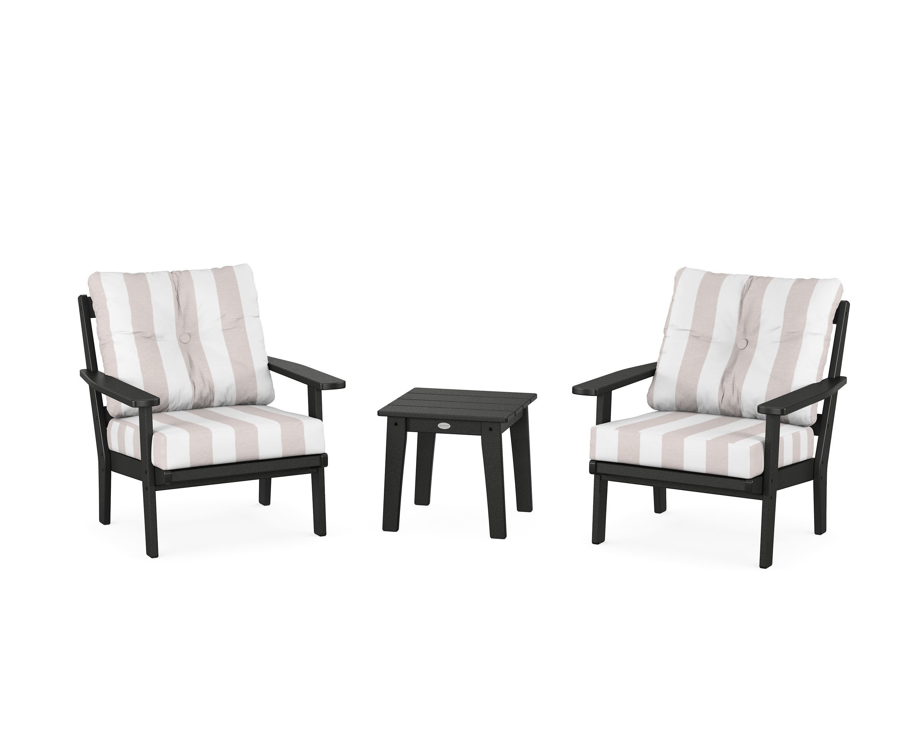 Prairie 3-Piece Deep Seating Set in Black / Cabana Stripe Dune Burlap