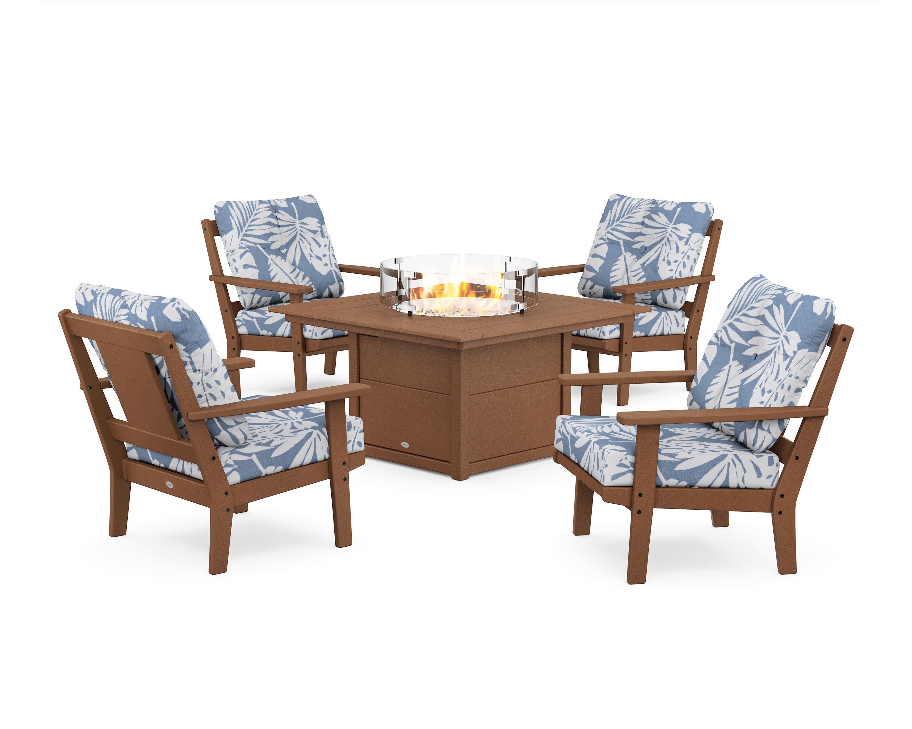 Prairie 5-Piece Deep Seating Set with Fire Pit Table in Teak / Leaf Sky Blue