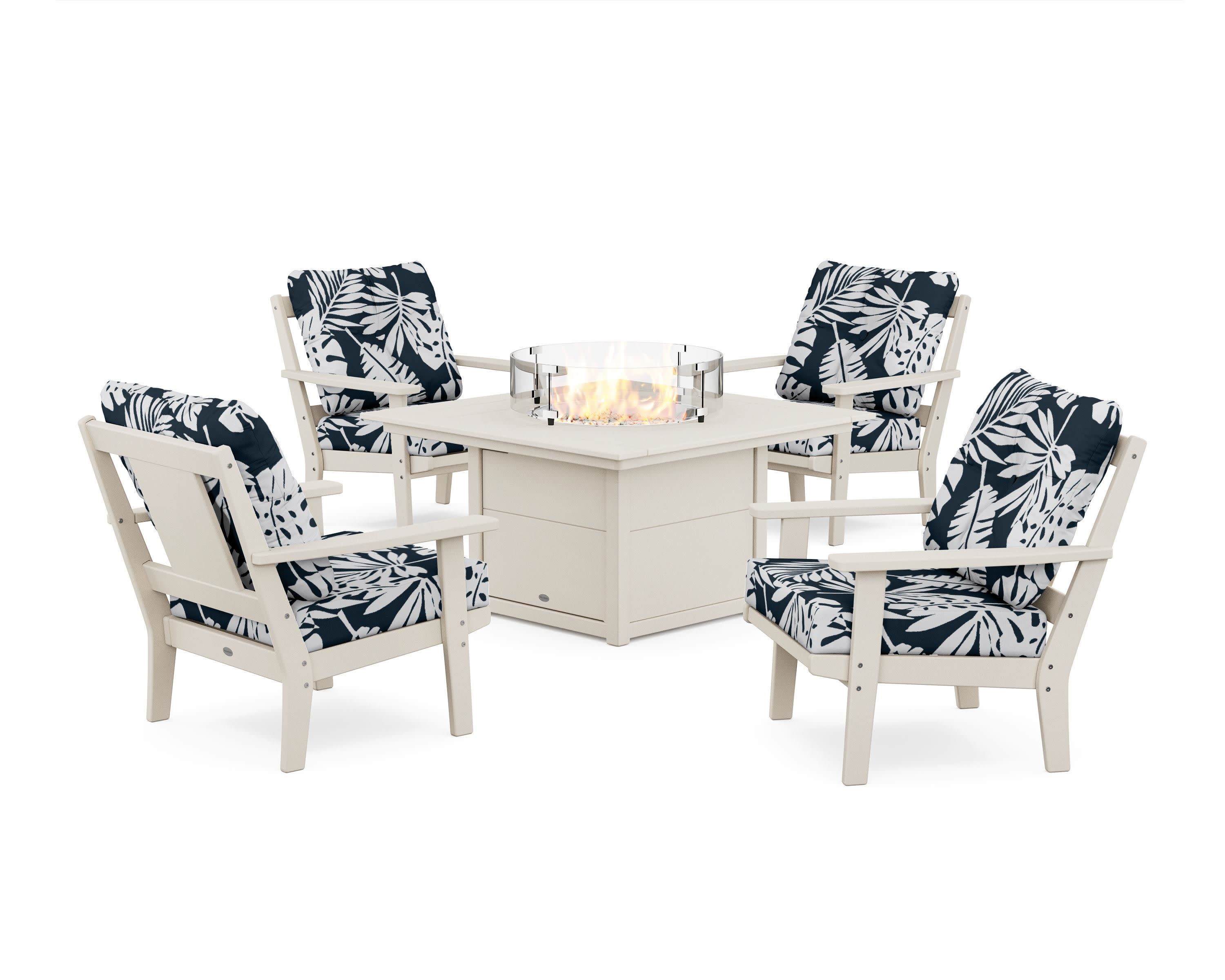 Prairie 5-Piece Deep Seating Set with Fire Pit Table in Sand / Leaf Marine Indigo