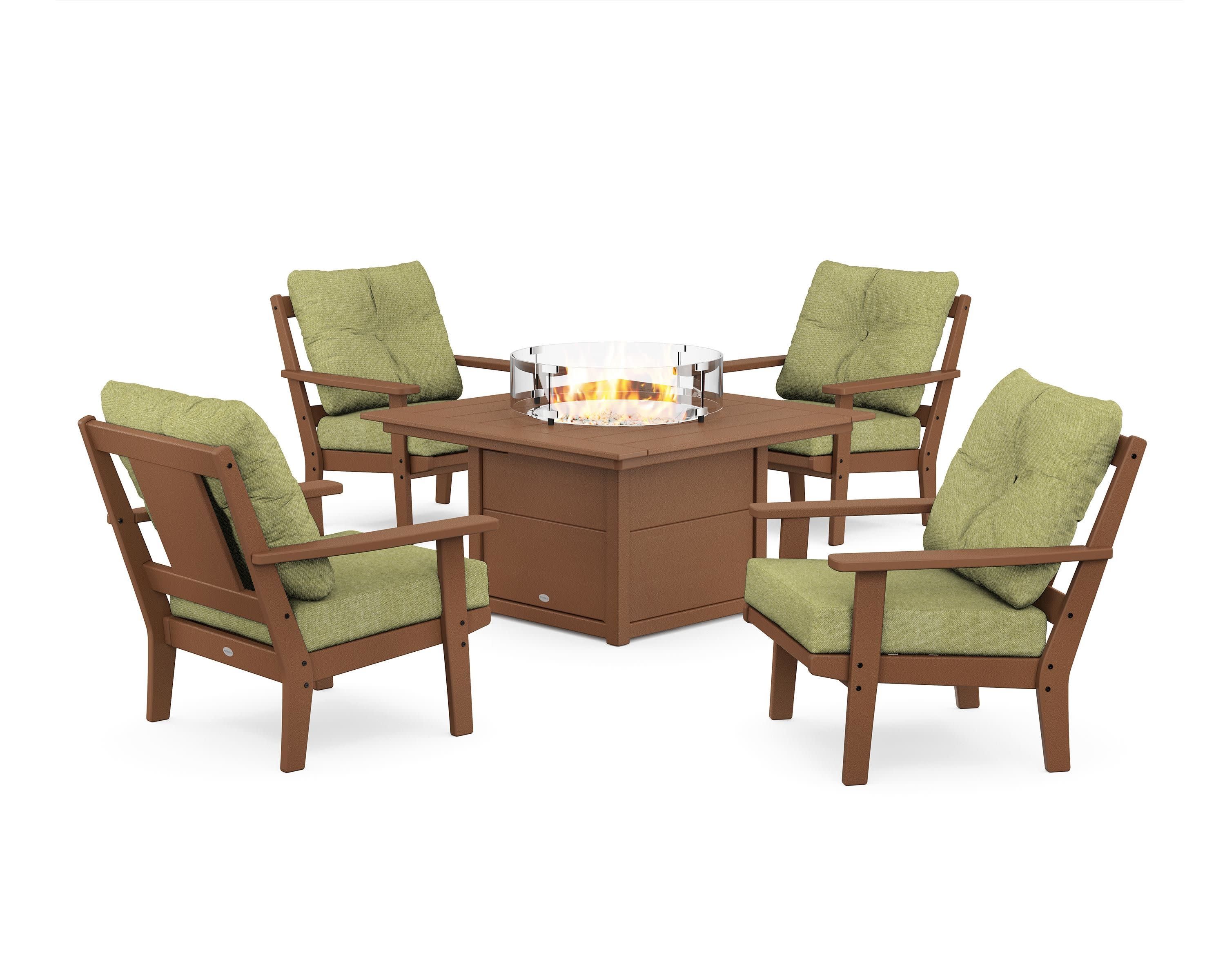 Prairie 5-Piece Deep Seating Set with Fire Pit Table in Teak / Chartreuse Boucle