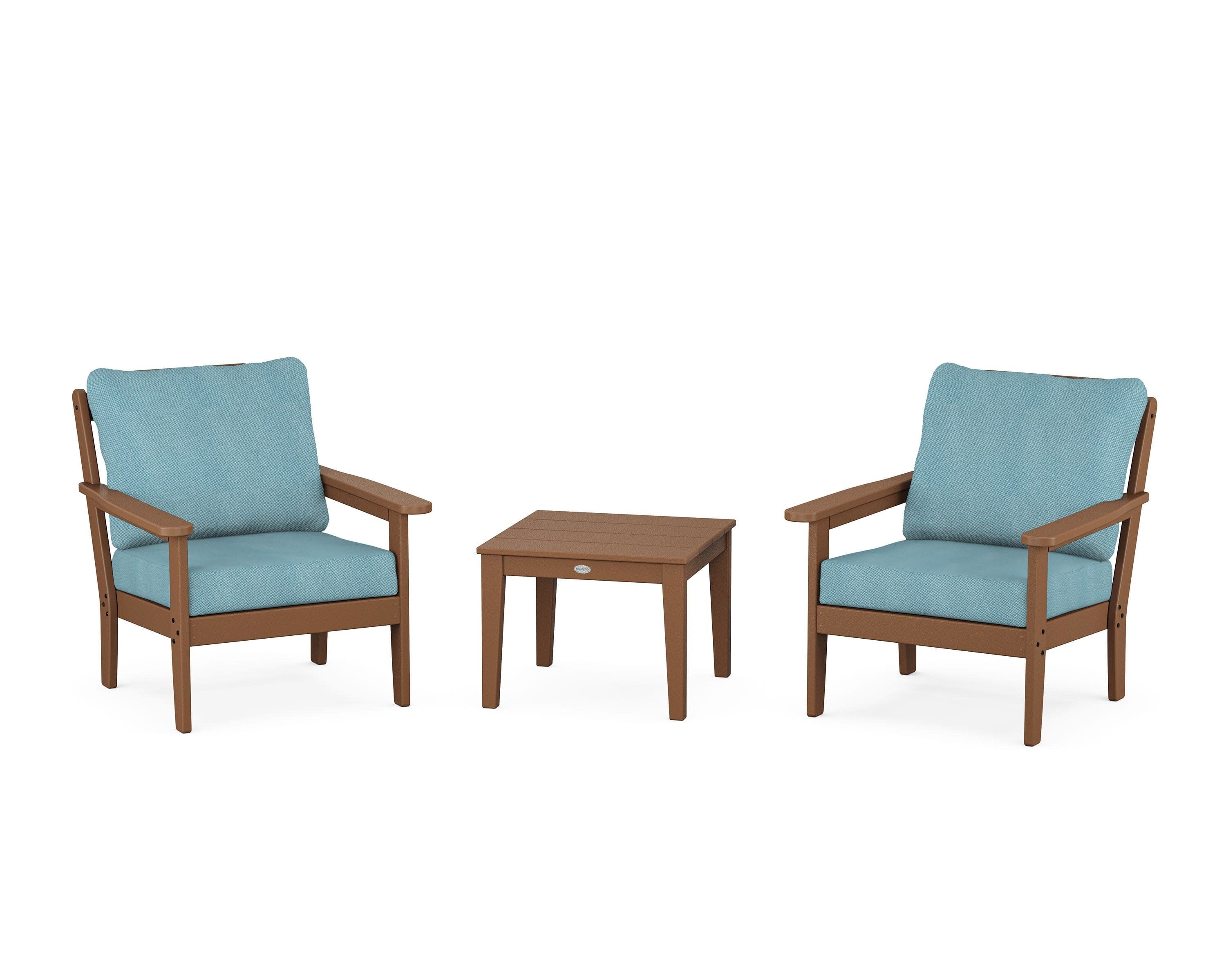 Cottage 3-Piece Deep Seating Set in Teak / Lattice Sky Blue