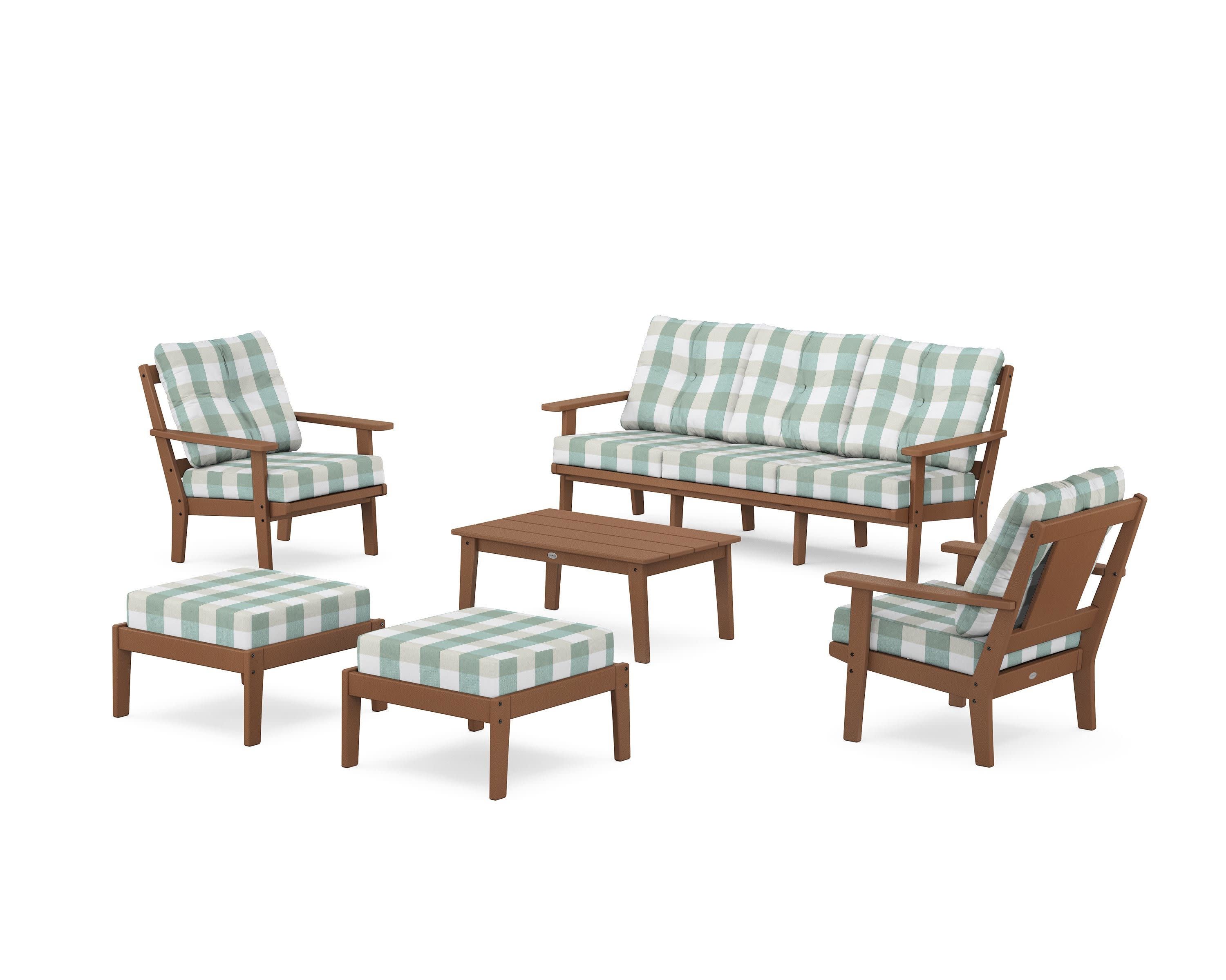 Prairie 6-Piece Lounge Sofa Set in Teak / Buffalo Plaid Glacier Spa