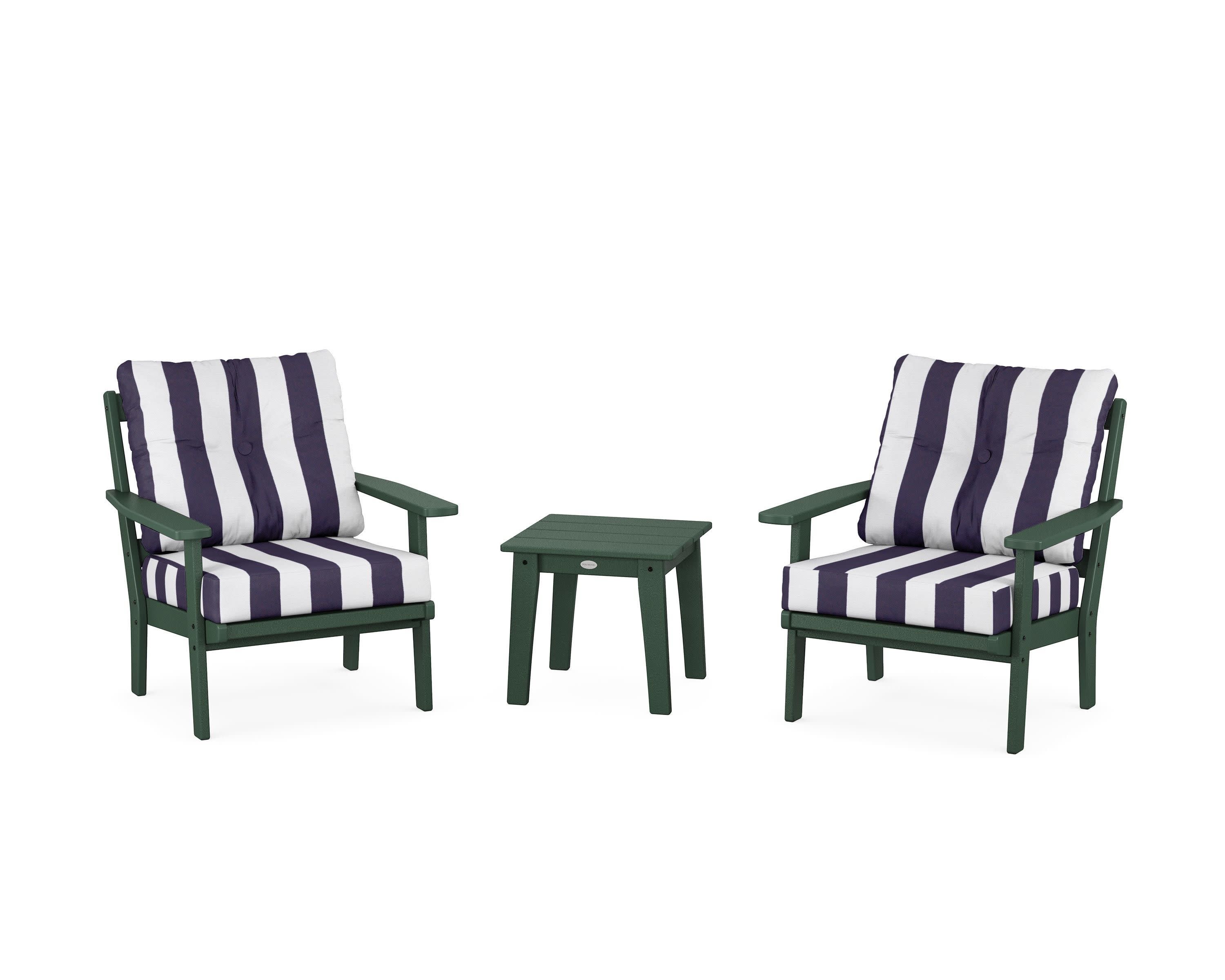Prairie 3-Piece Deep Seating Set in Green / Cabana Stripe Navy