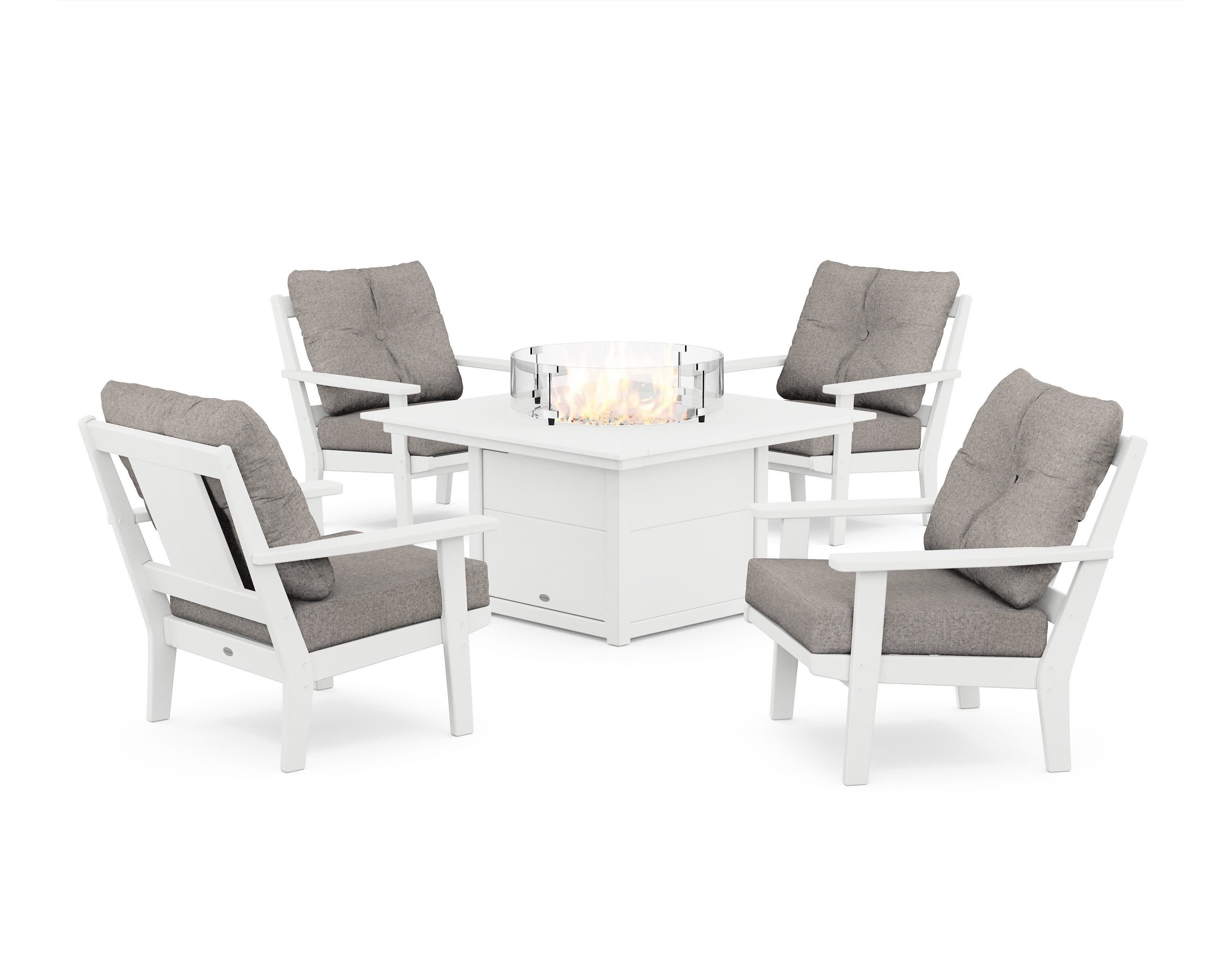 Prairie 5-Piece Deep Seating Set with Fire Pit Table in White / Weathered Tweed