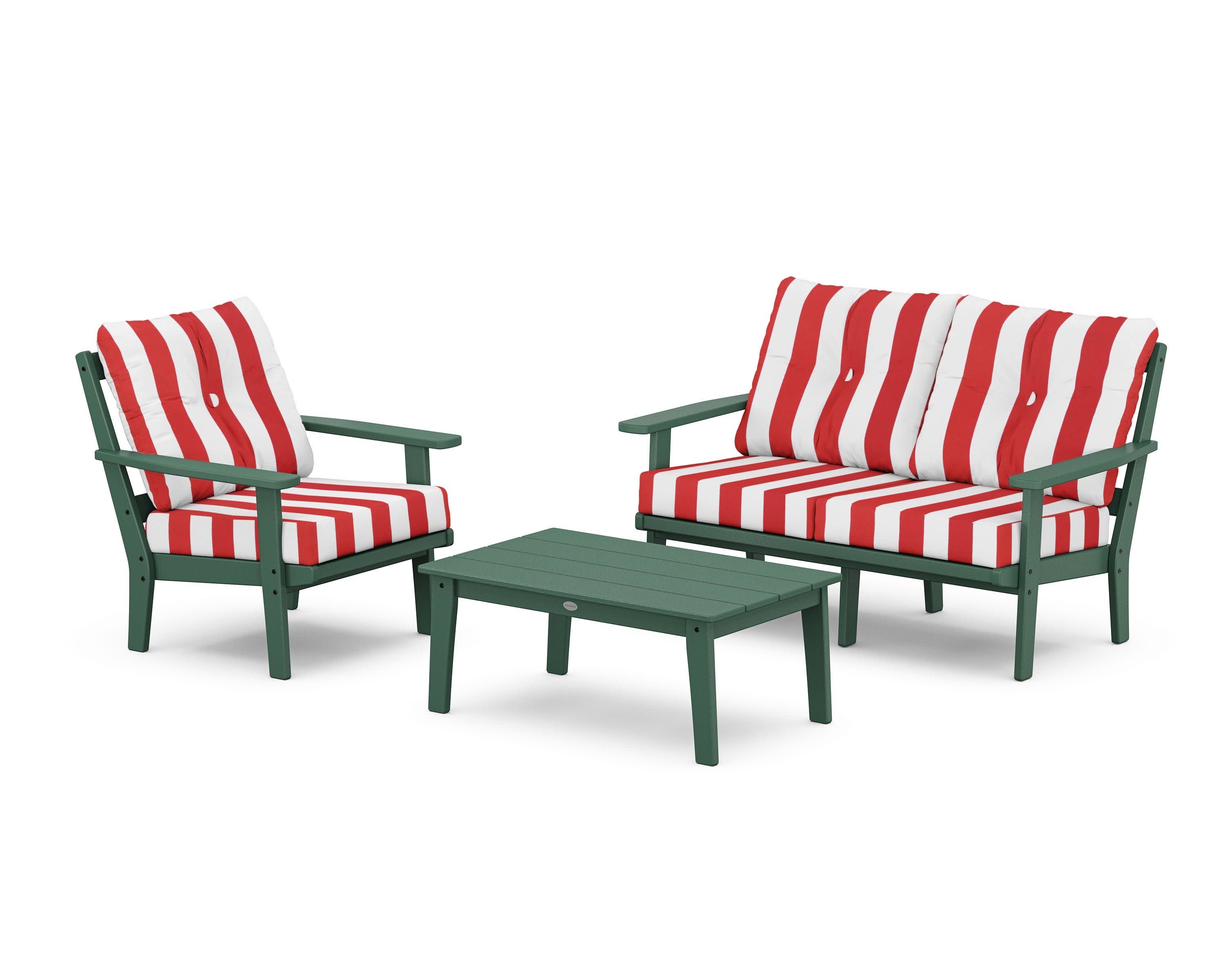 Prairie 3-Piece Deep Seating Set with Loveseat in Green / Cabana Stripe Crimson