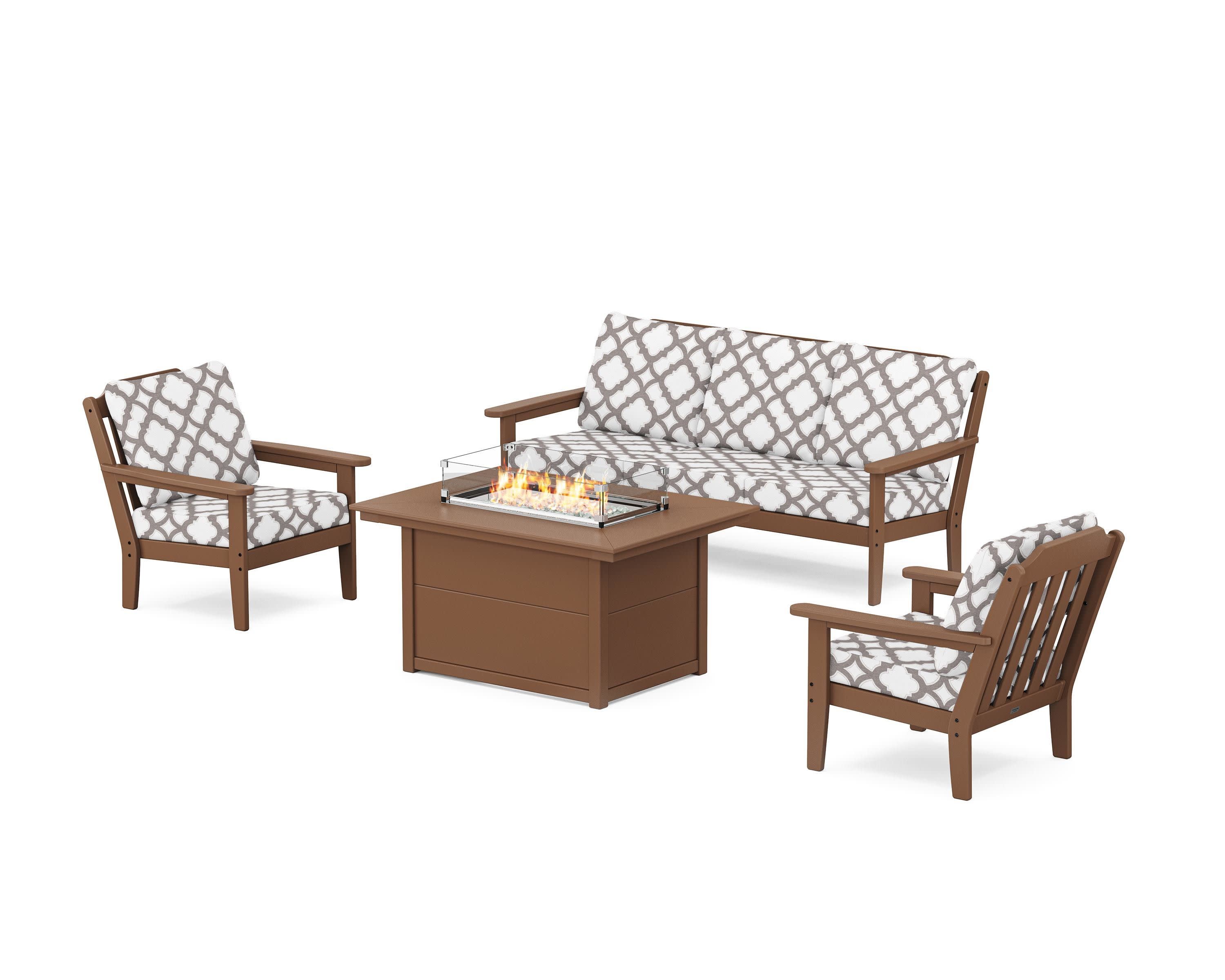 Cottage Deep Seating Fire Pit Table Set in Teak / Trellis Grey Mist