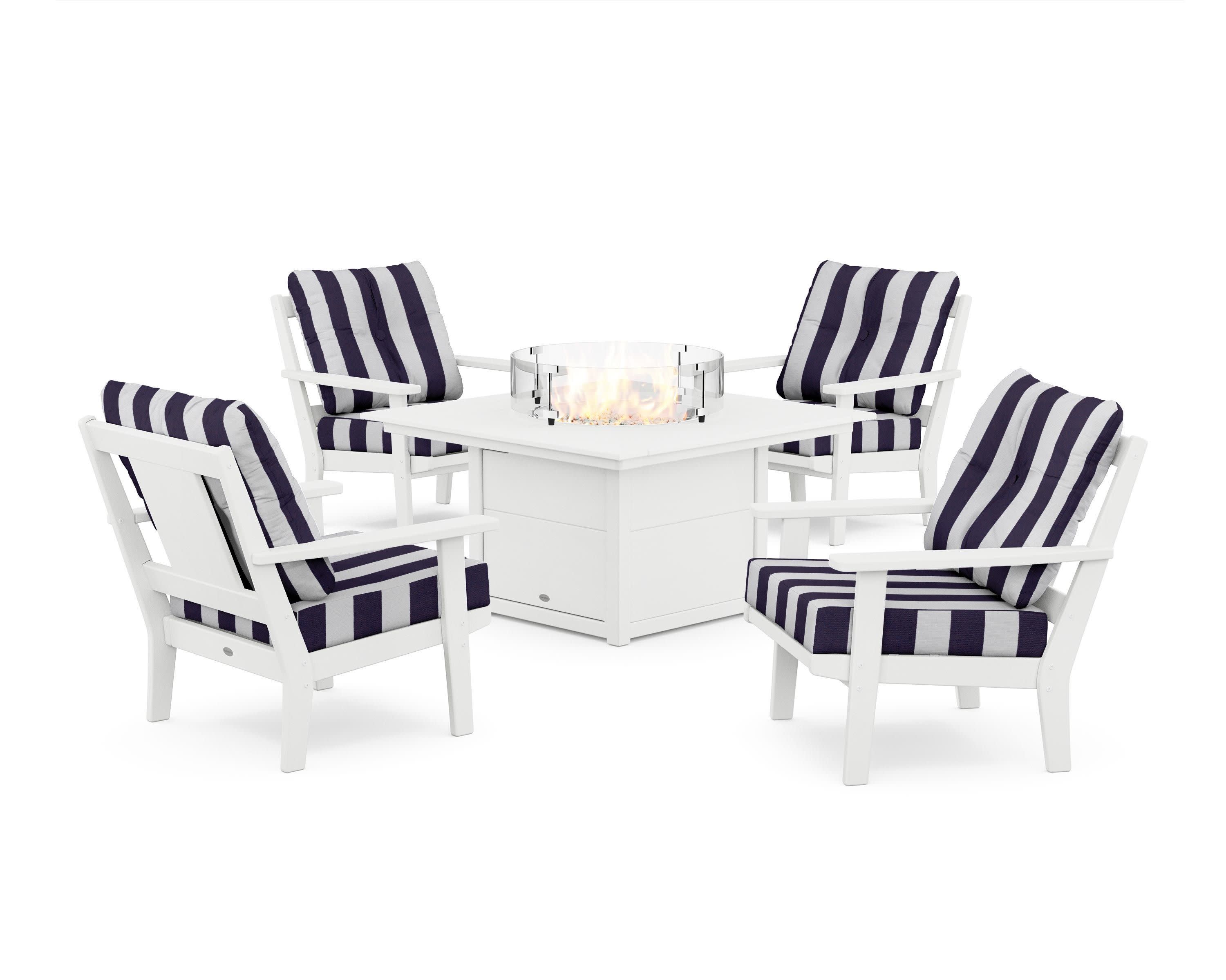 Prairie 5-Piece Deep Seating Set with Fire Pit Table in White / Cabana Stripe Navy