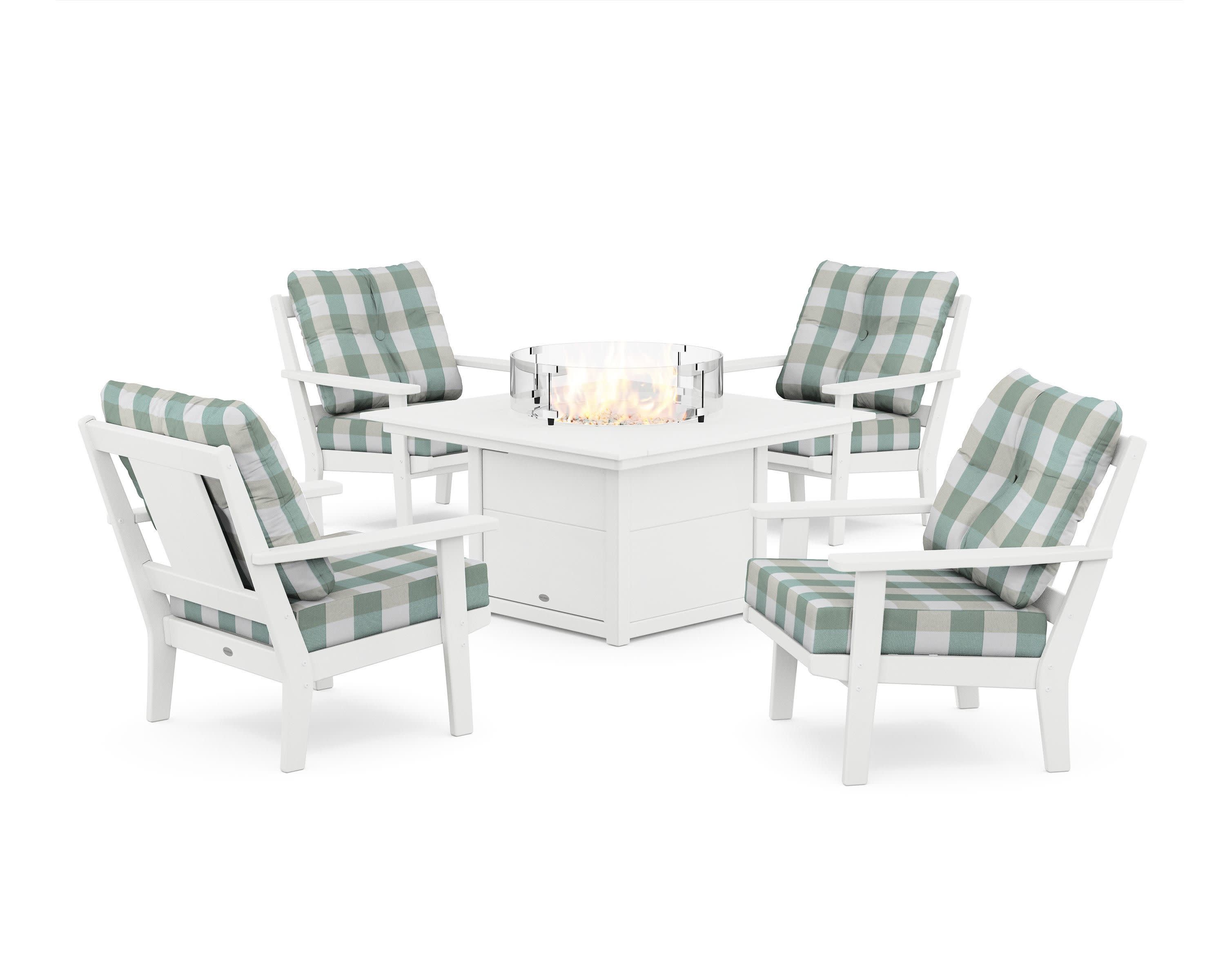 Prairie 5-Piece Deep Seating Set with Fire Pit Table in White / Buffalo Plaid Glacier Spa