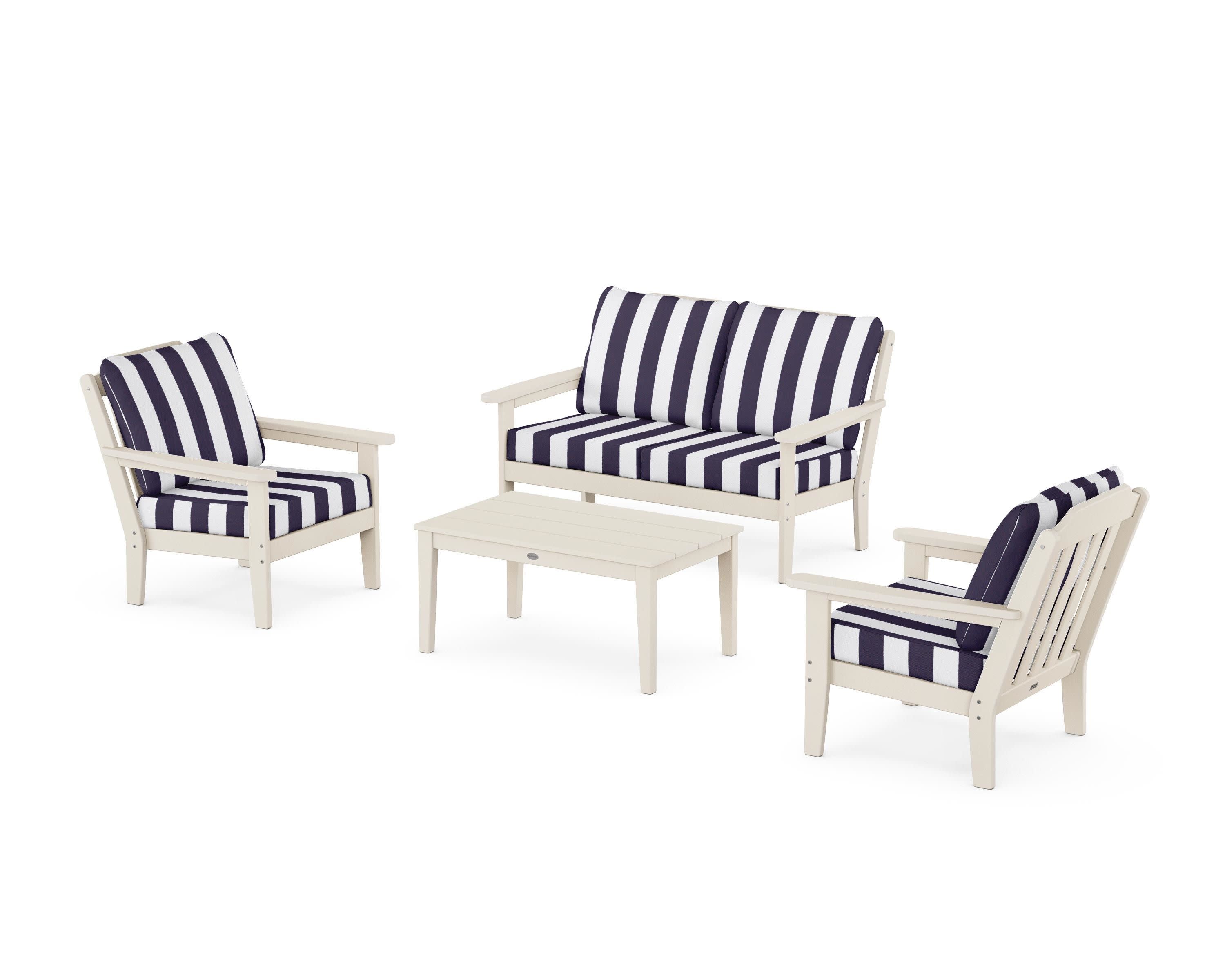 Cottage 4-Piece Deep Seating Set with Loveseat in Sand / Cabana Stripe Navy