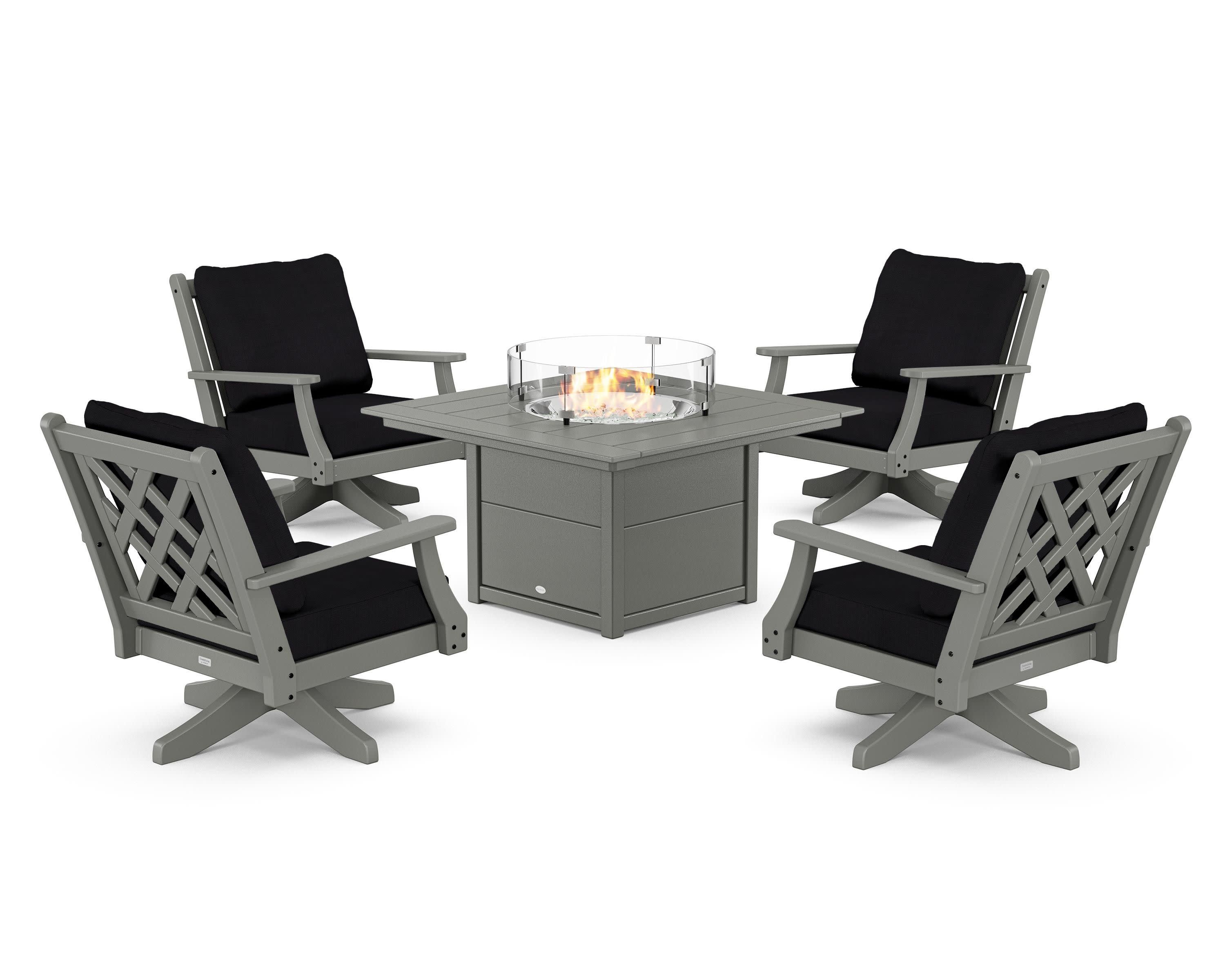 Wovendale 5-Piece Deep Seating Swivel Conversation Set with Fire Pit Table in Slate Grey / Midnight Linen