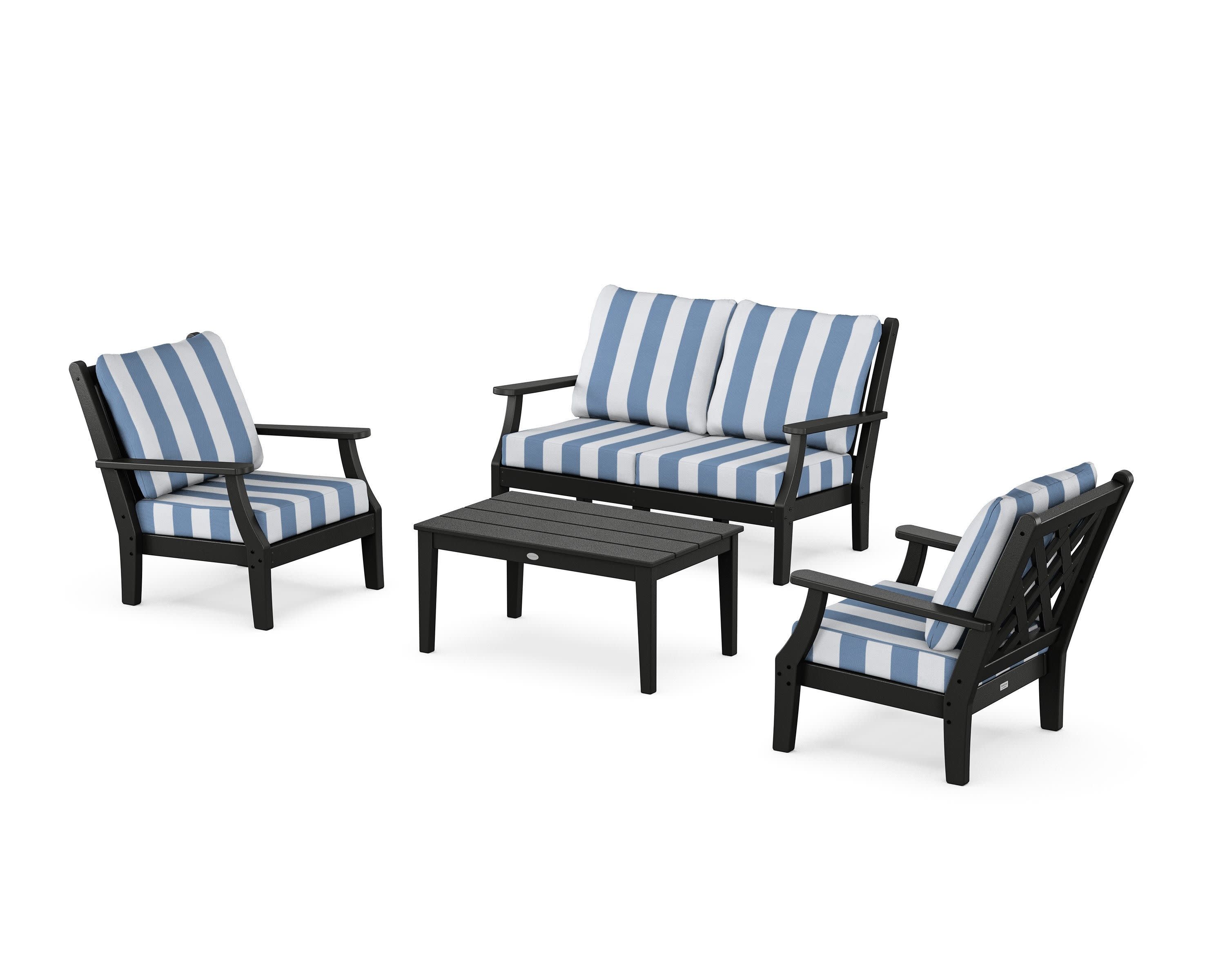 Wovendale 4-Piece Deep Seating Set with Loveseat in Black / Cabana Stripe Sky Blue