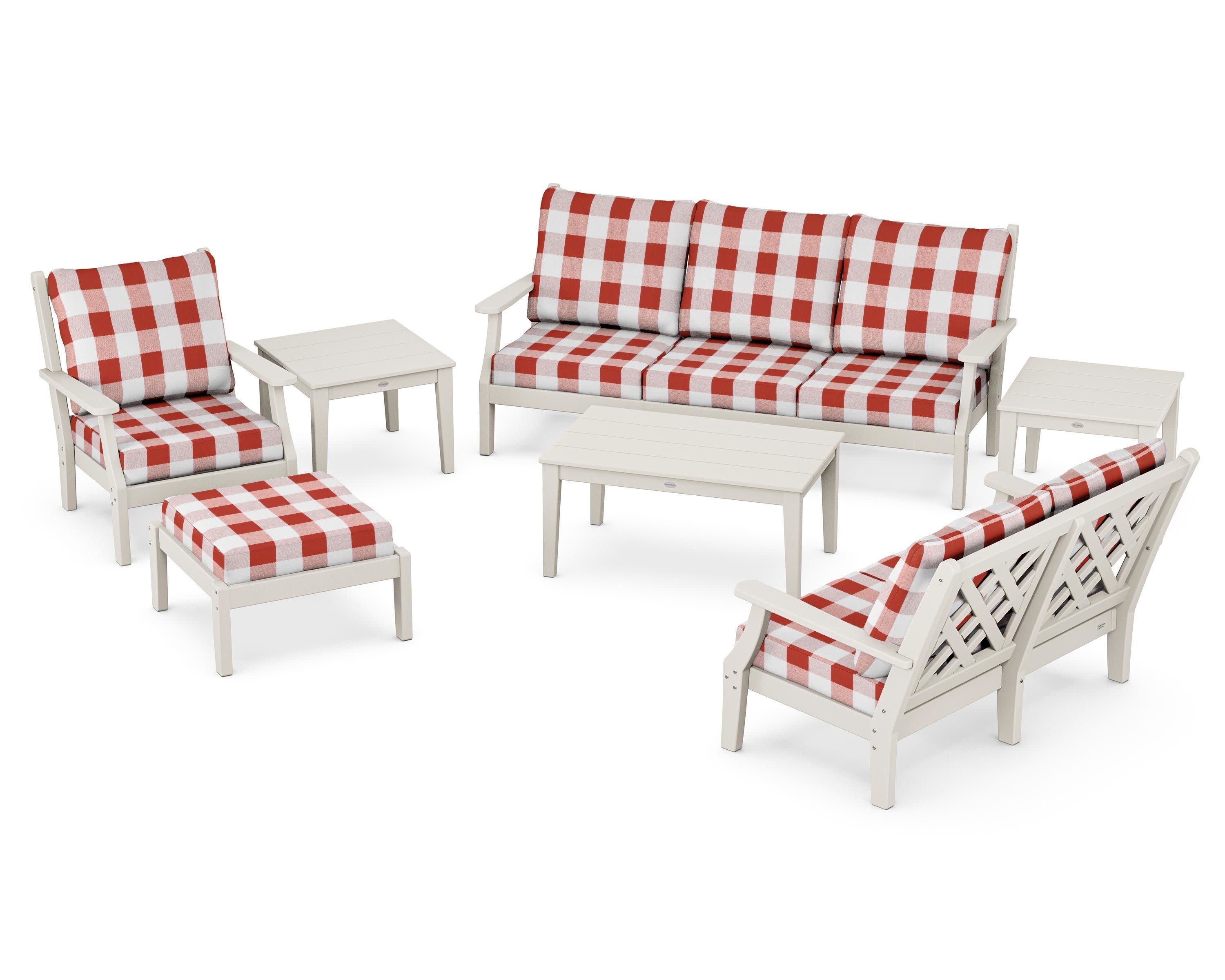 Wovendale 7-Piece Deep Seating Set in Sand / Buffalo Plaid Crimson