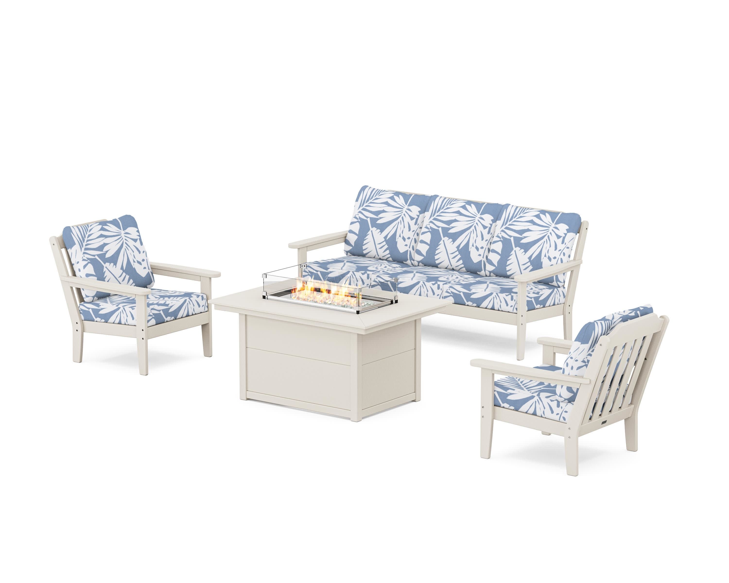 Cottage Deep Seating Fire Pit Table Set in Sand / Leaf Sky Blue