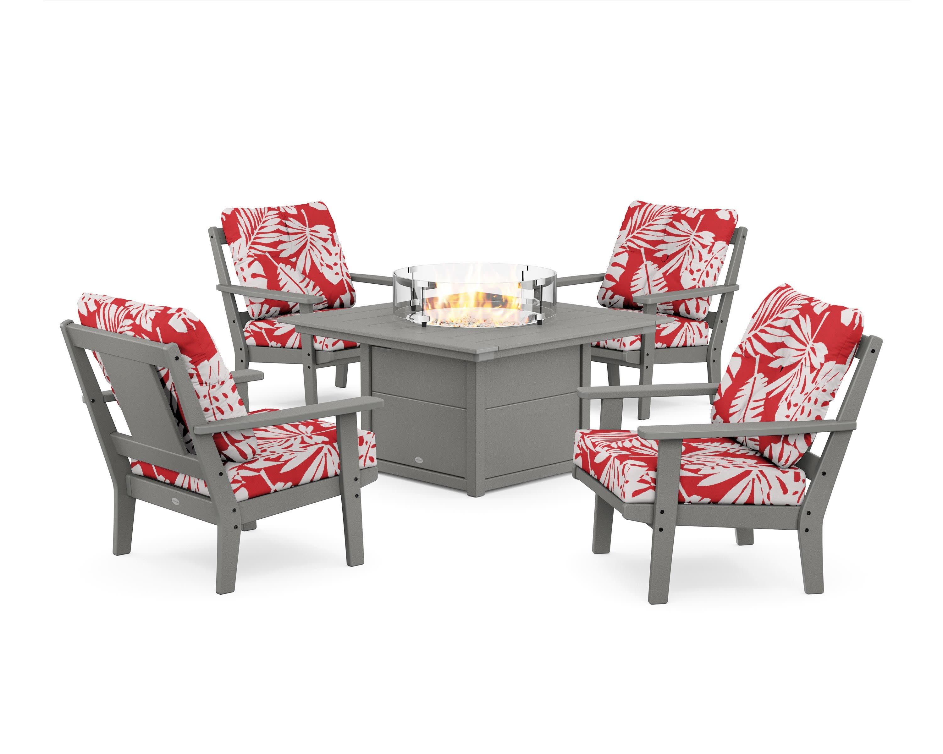 Prairie 5-Piece Deep Seating Set with Fire Pit Table in Slate Grey / Leaf Crimson