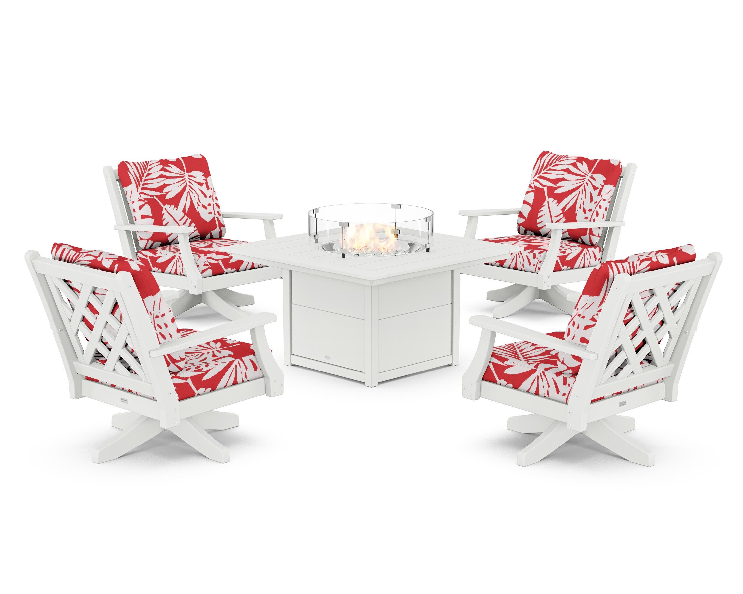 Wovendale 5-Piece Deep Seating Swivel Conversation Set with Fire Pit Table in White / Leaf Crimson