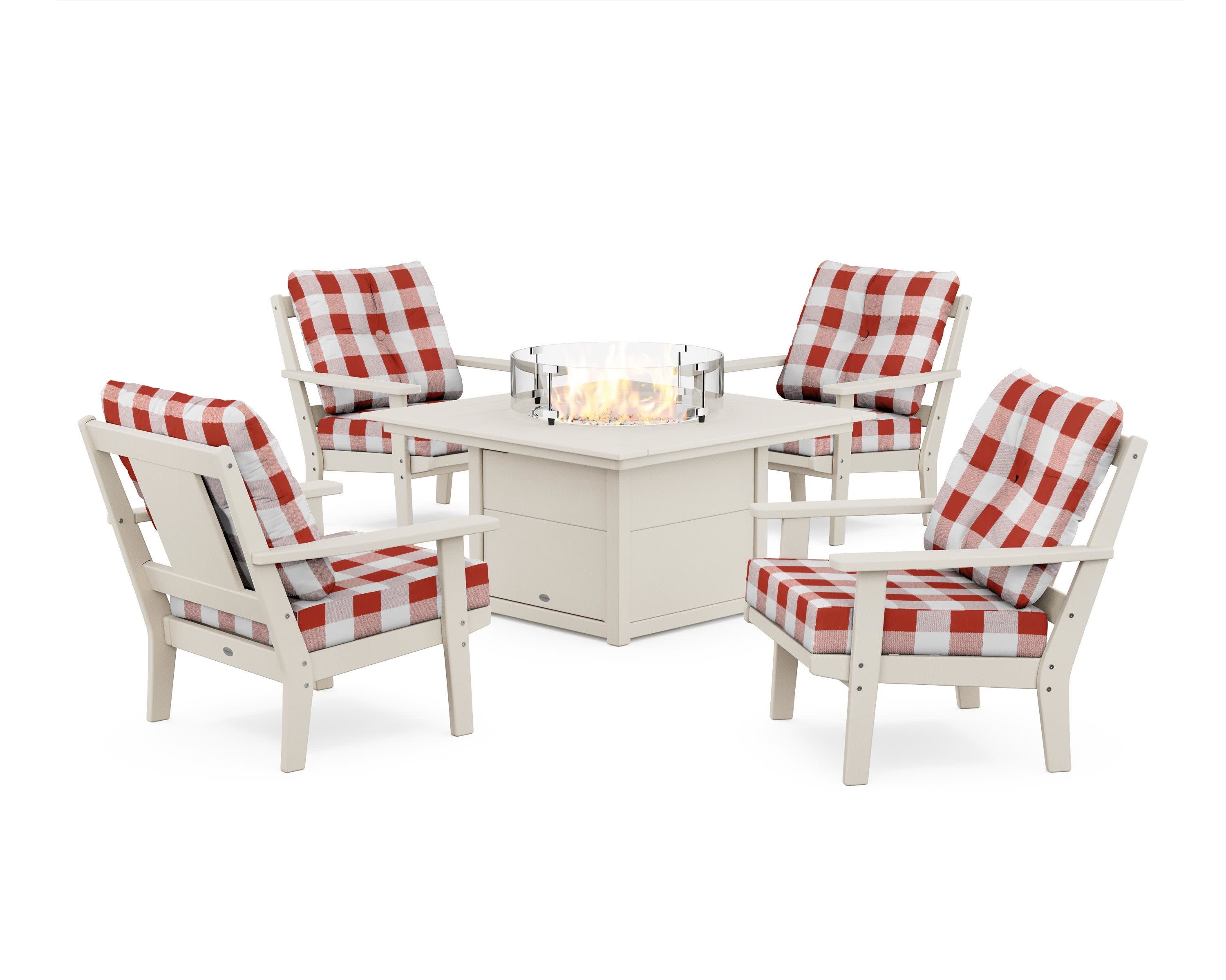 Prairie 5-Piece Deep Seating Set with Fire Pit Table in Sand / Buffalo Plaid Crimson