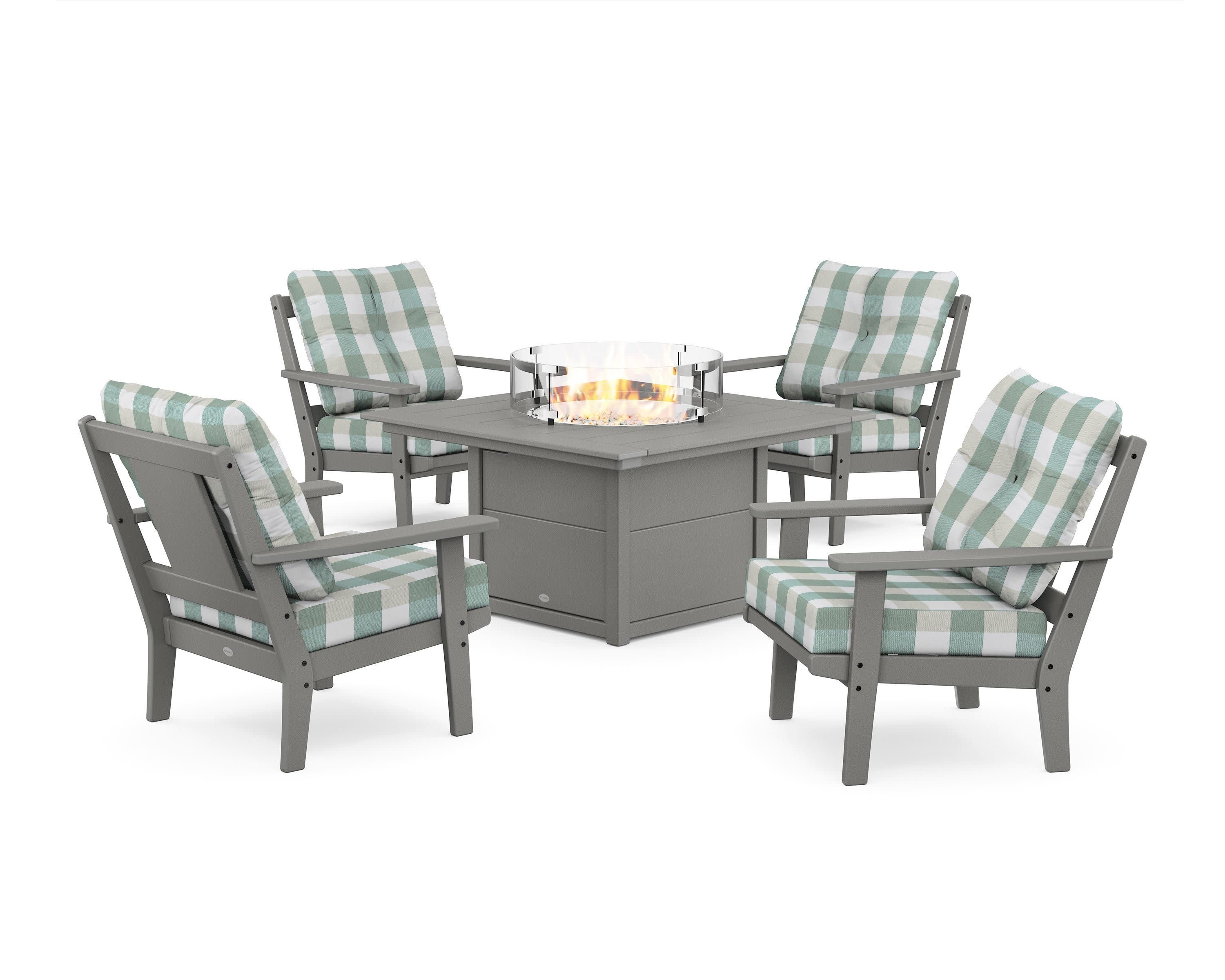 Prairie 5-Piece Deep Seating Set with Fire Pit Table in Slate Grey / Buffalo Plaid Glacier Spa