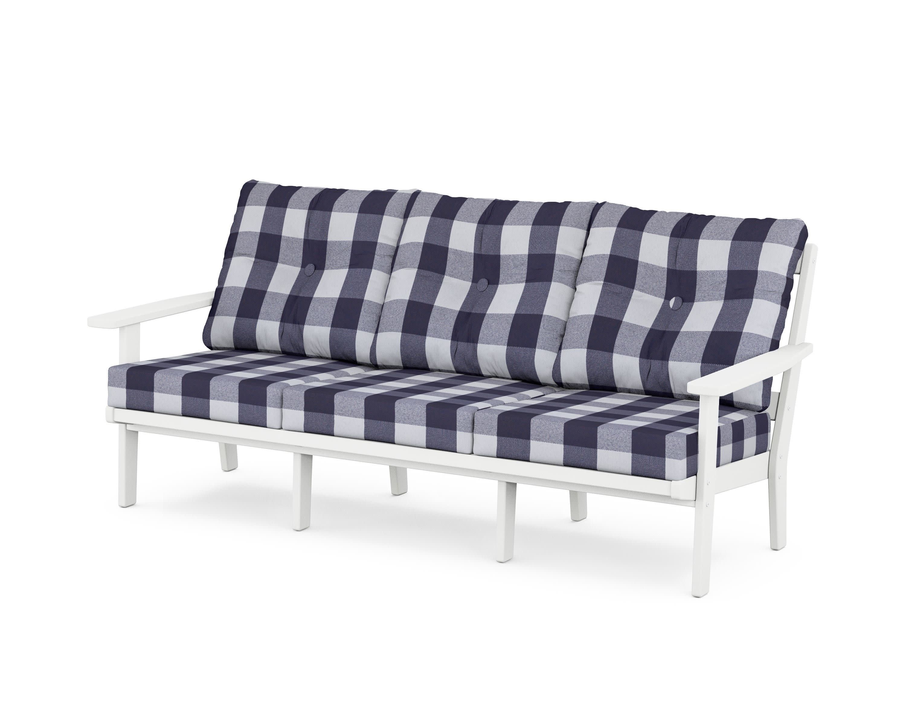 PrairieDeep Seating Sofa in White / Buffalo Plaid Navy