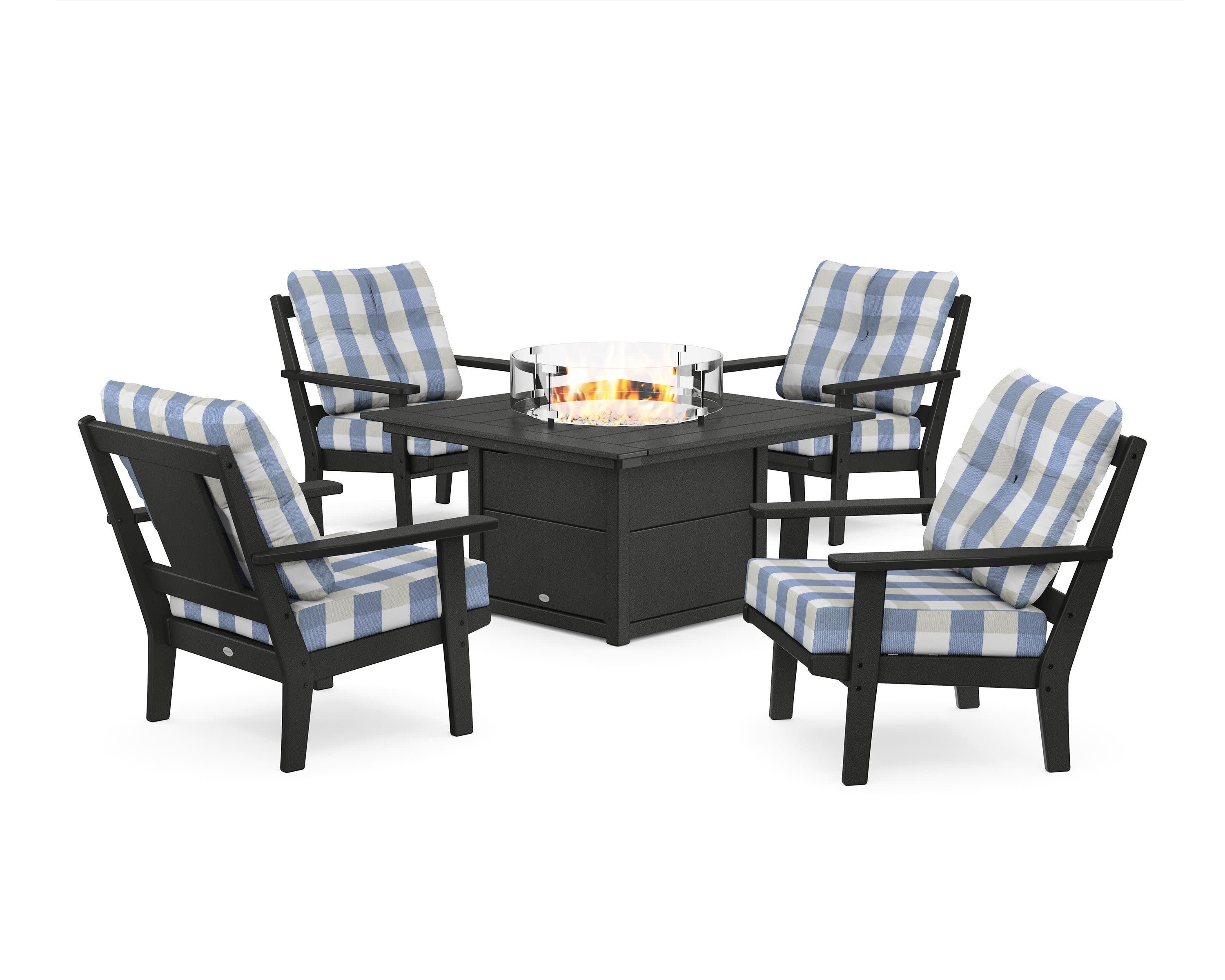 Prairie 5-Piece Deep Seating Set with Fire Pit Table in Black / Buffalo Plaid Sky Blue