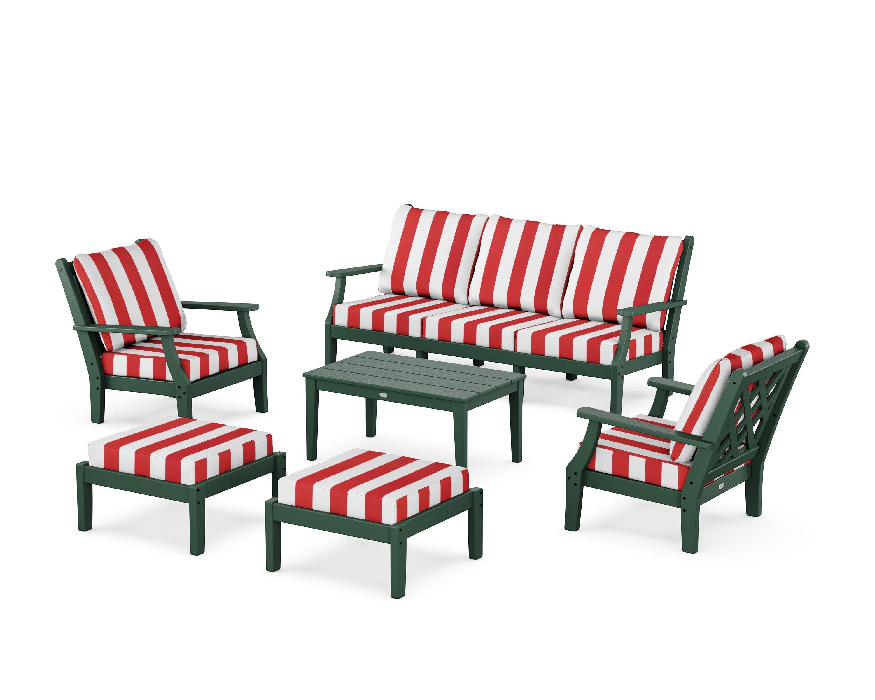 Wovendale 6-Piece Lounge Sofa Set in Green / Cabana Stripe Crimson