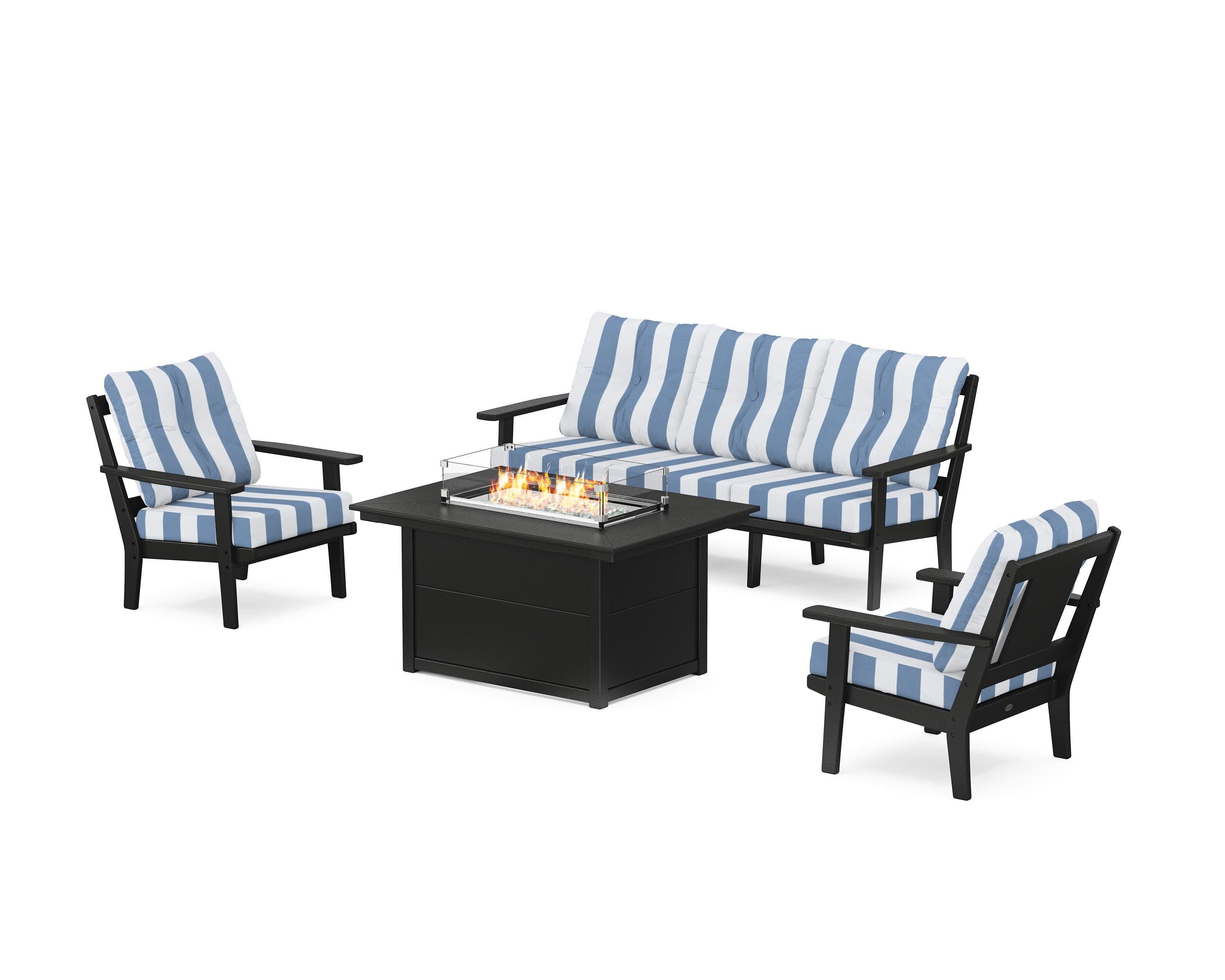 Prairie Deep Seating Fire Pit Table Set in Black / Cabana Stripe Sky Blue