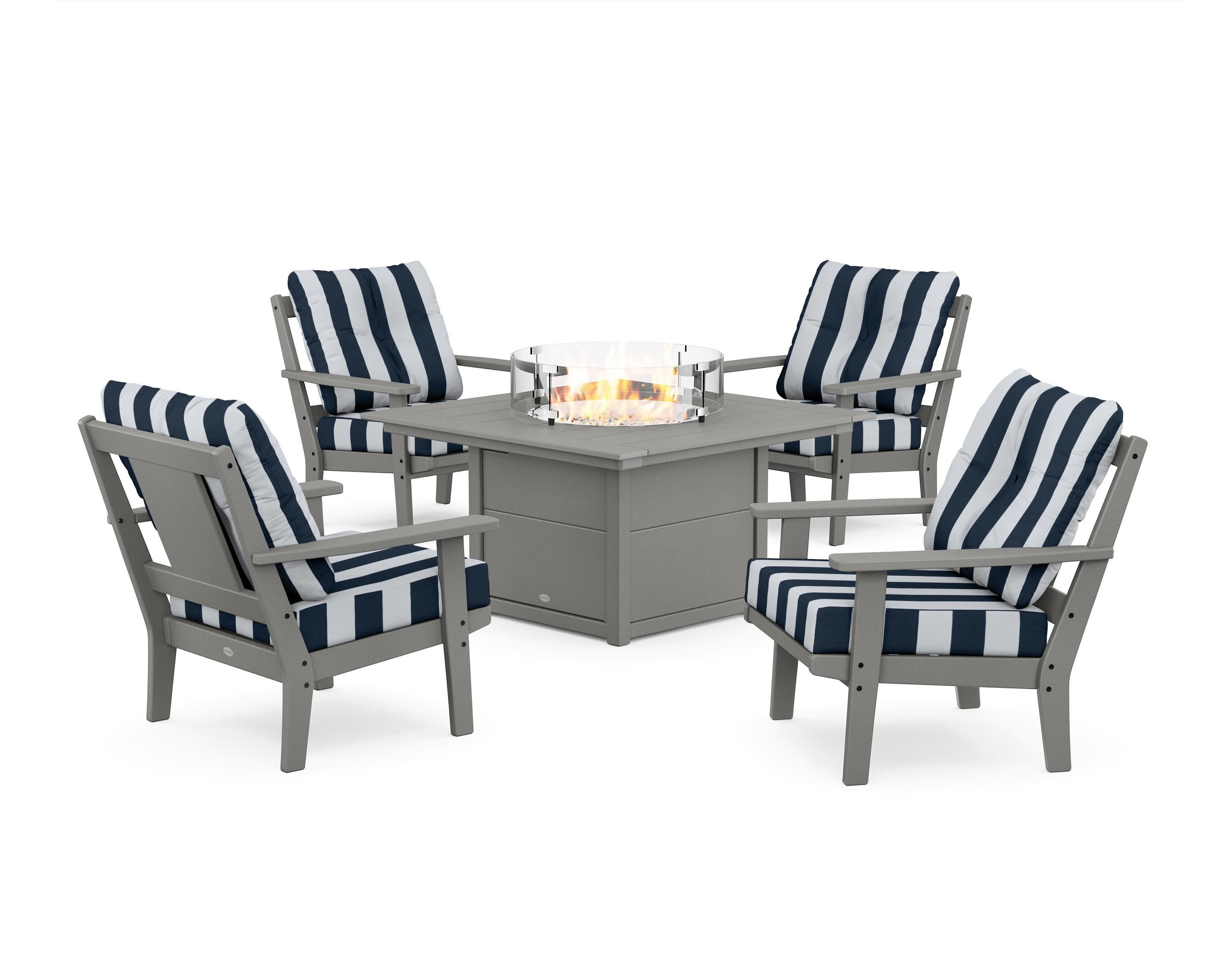 Prairie 5-Piece Deep Seating Set with Fire Pit Table in Slate Grey / Cabana Stripe Marine Indigo