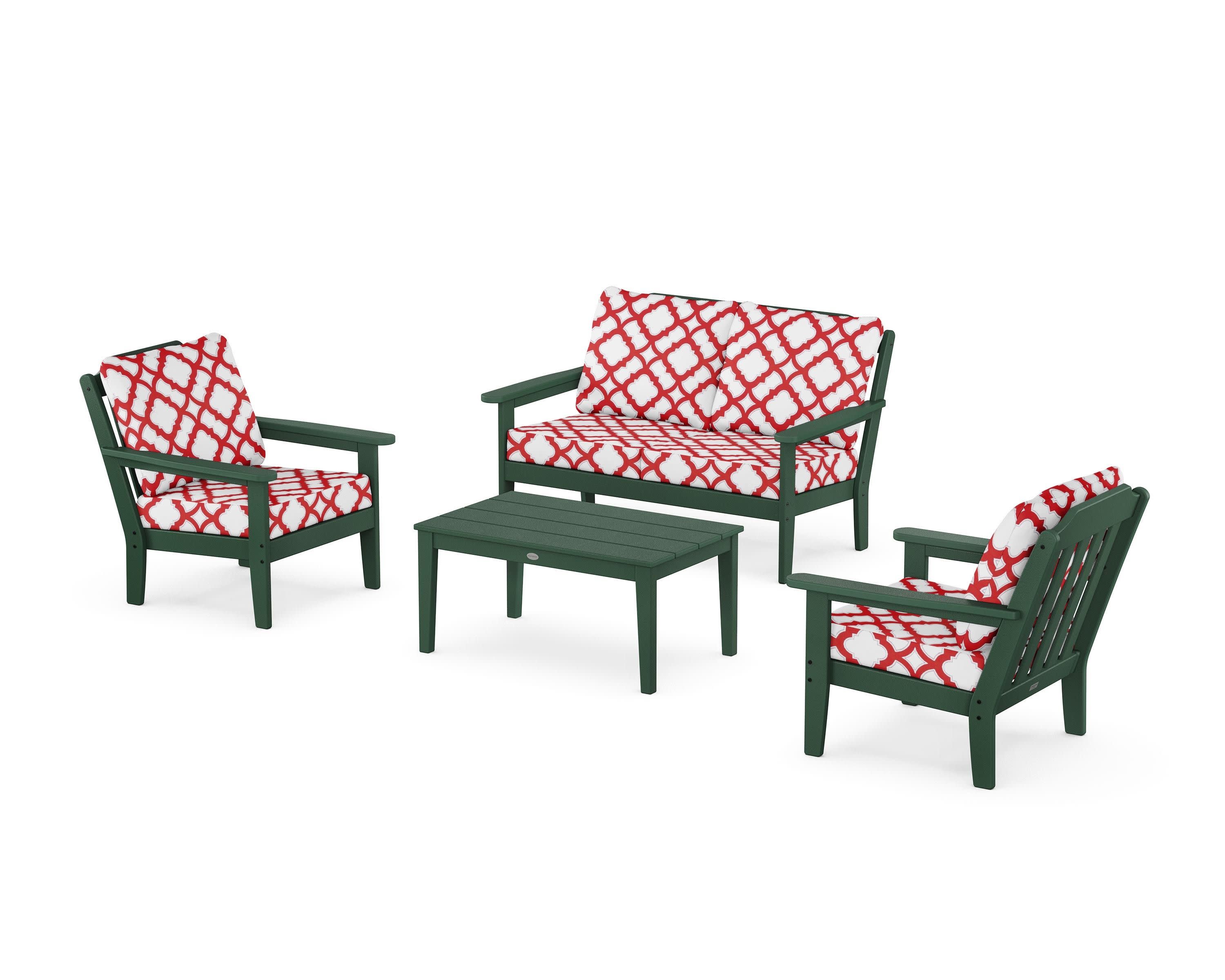 Cottage 4-Piece Deep Seating Set with Loveseat in Green / Trellis Crimson