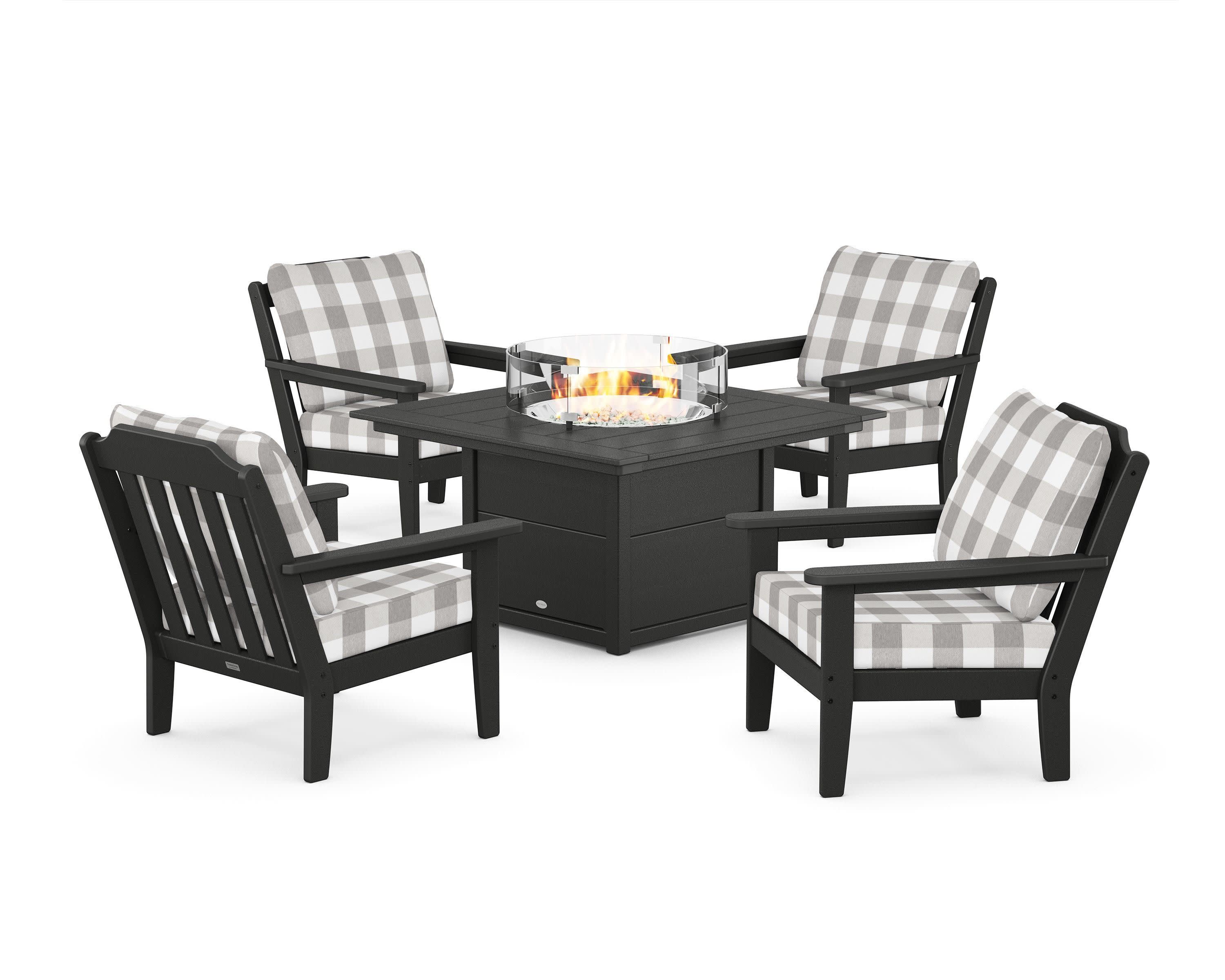 Cottage 5-Piece Deep Seating Set with Fire Pit Table in Black / Buffalo Plaid Grey Mist