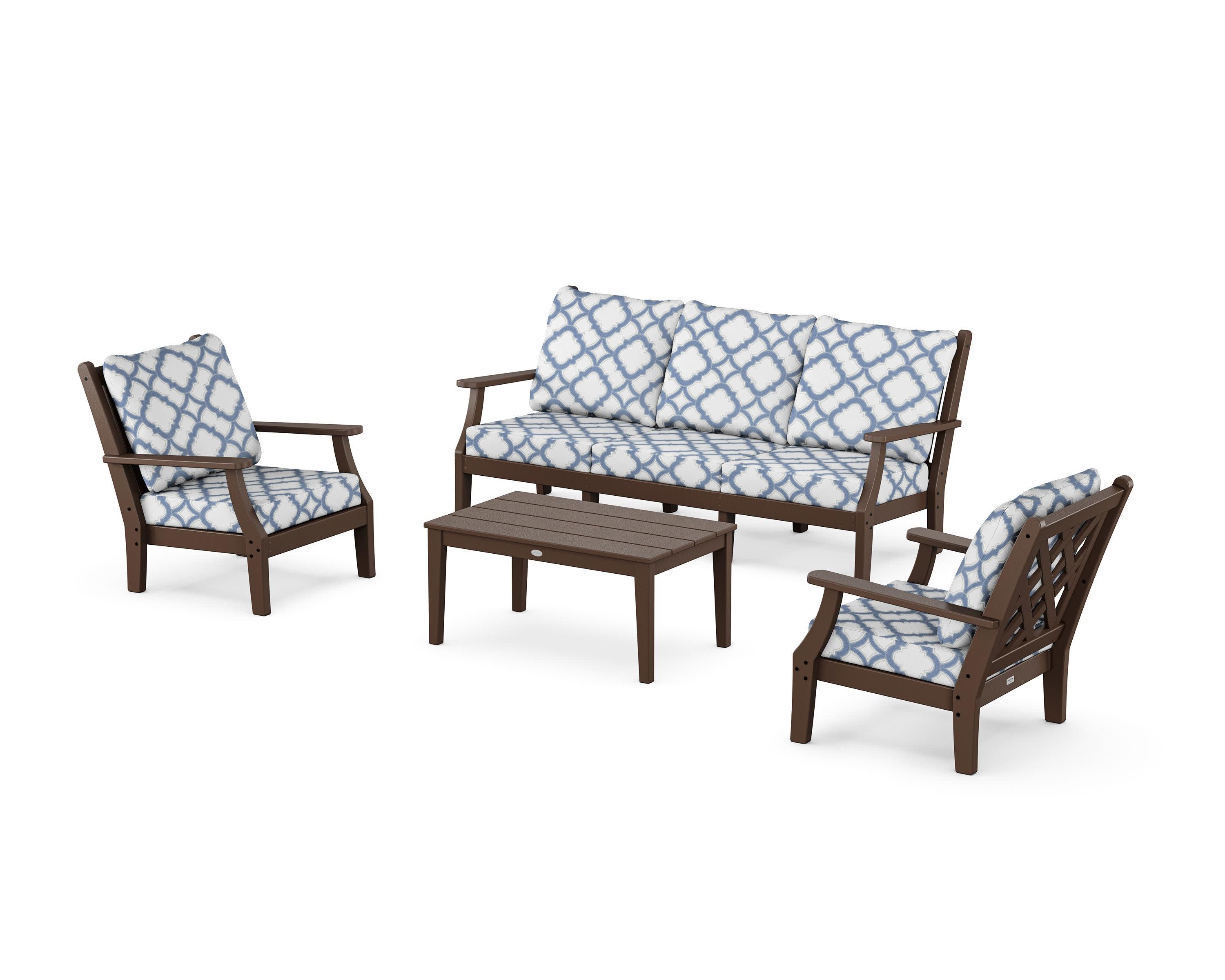 Wovendale 4-Piece Deep Seating Set with Sofa in Mahogany / Trellis Sky Blue