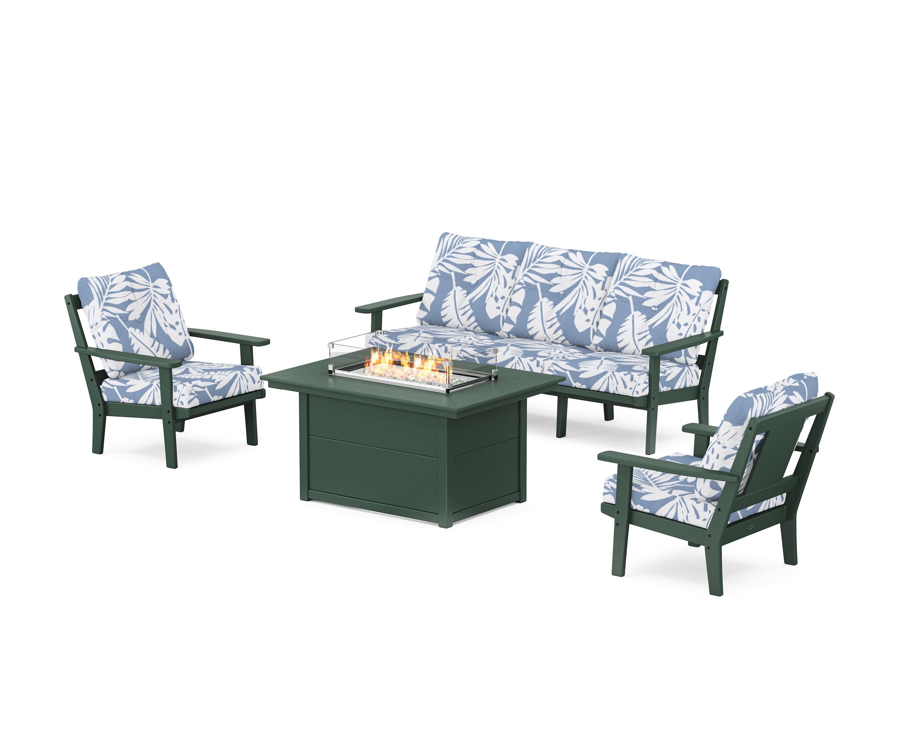 Prairie Deep Seating Fire Pit Table Set in Green / Leaf Sky Blue