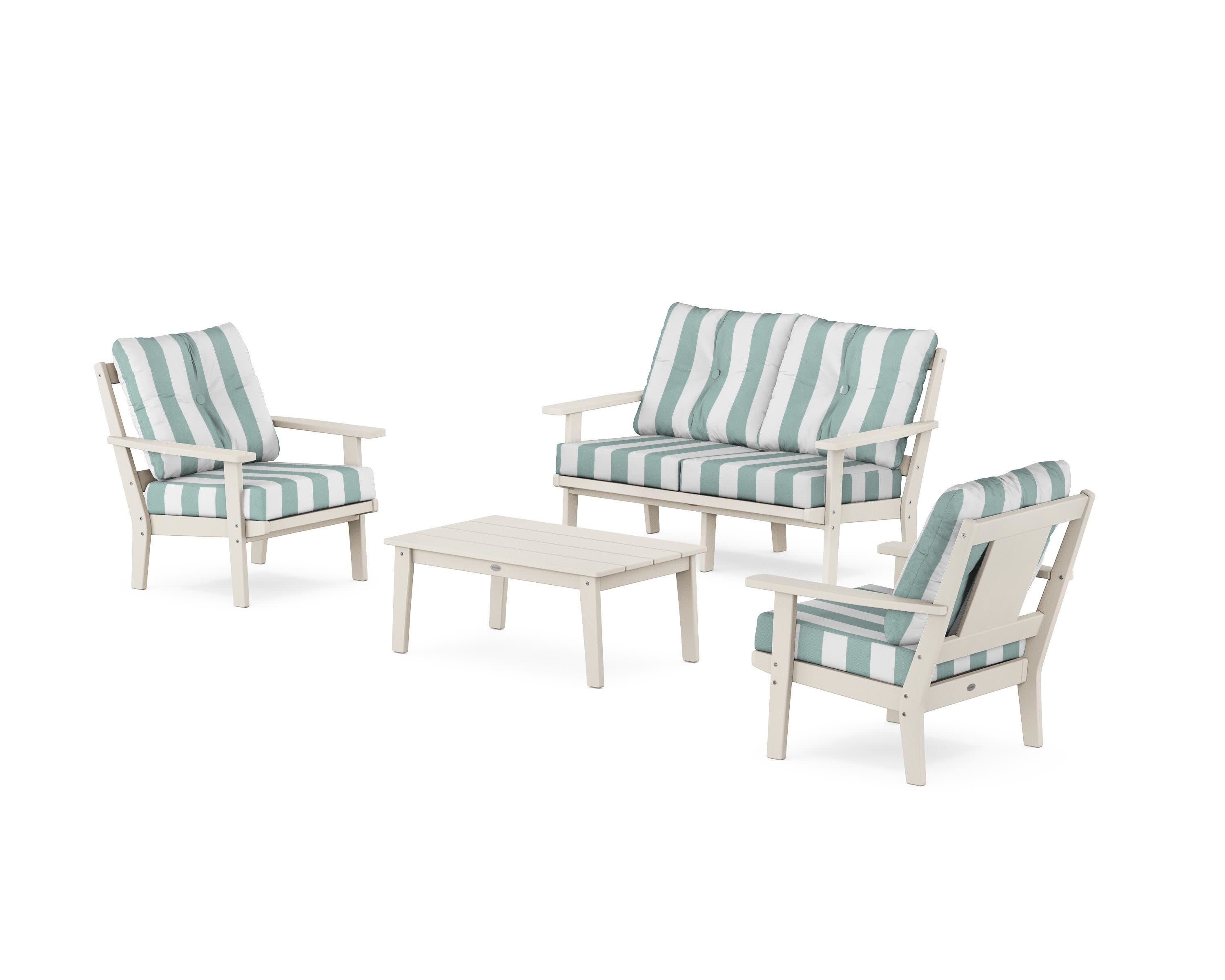 Prairie 4-Piece Deep Seating Set with Loveseat in Sand / Cabana Stripe Glacier Spa