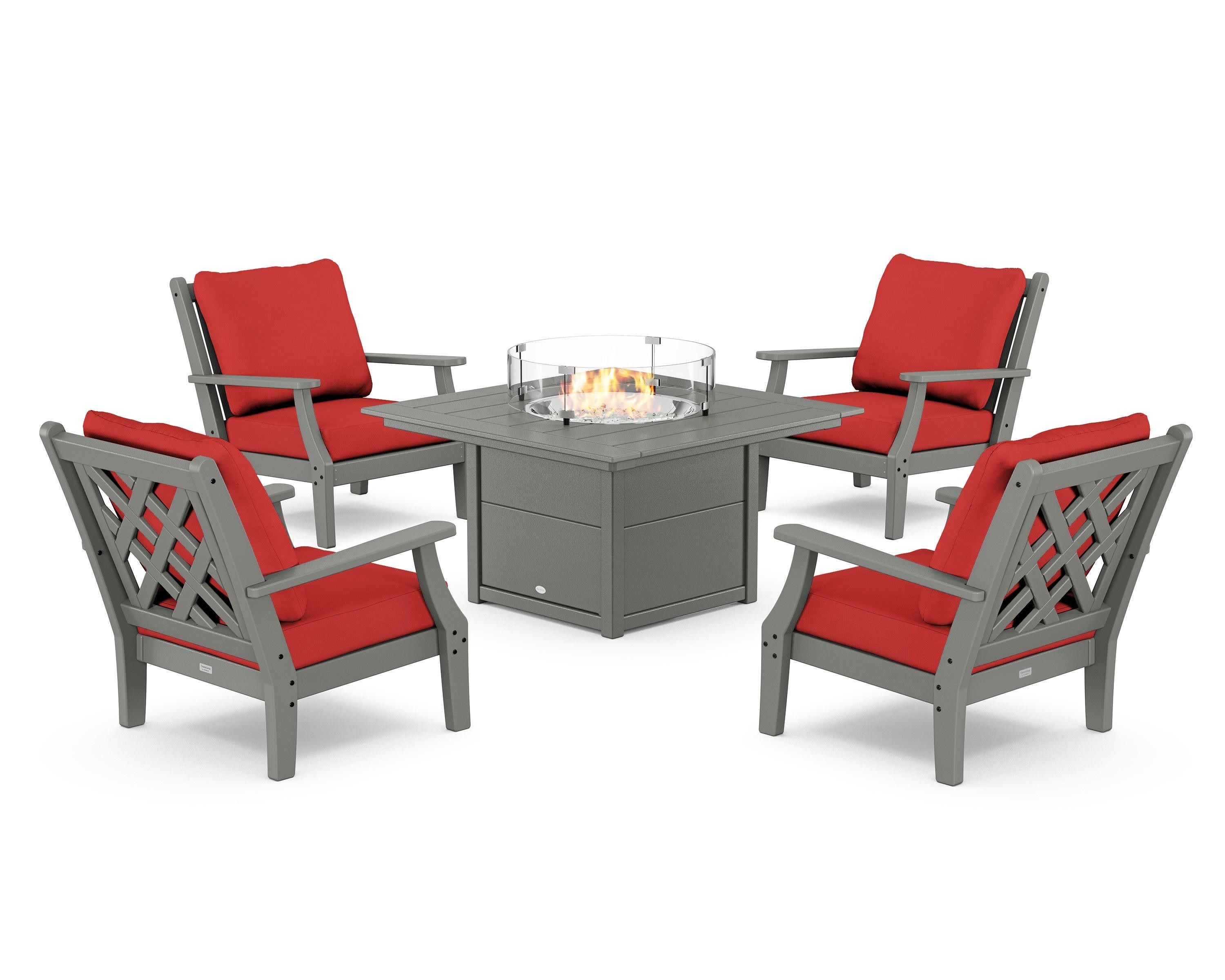 Wovendale 5-Piece Deep Seating Set with Fire Pit Table in Slate Grey / Crimson Linen
