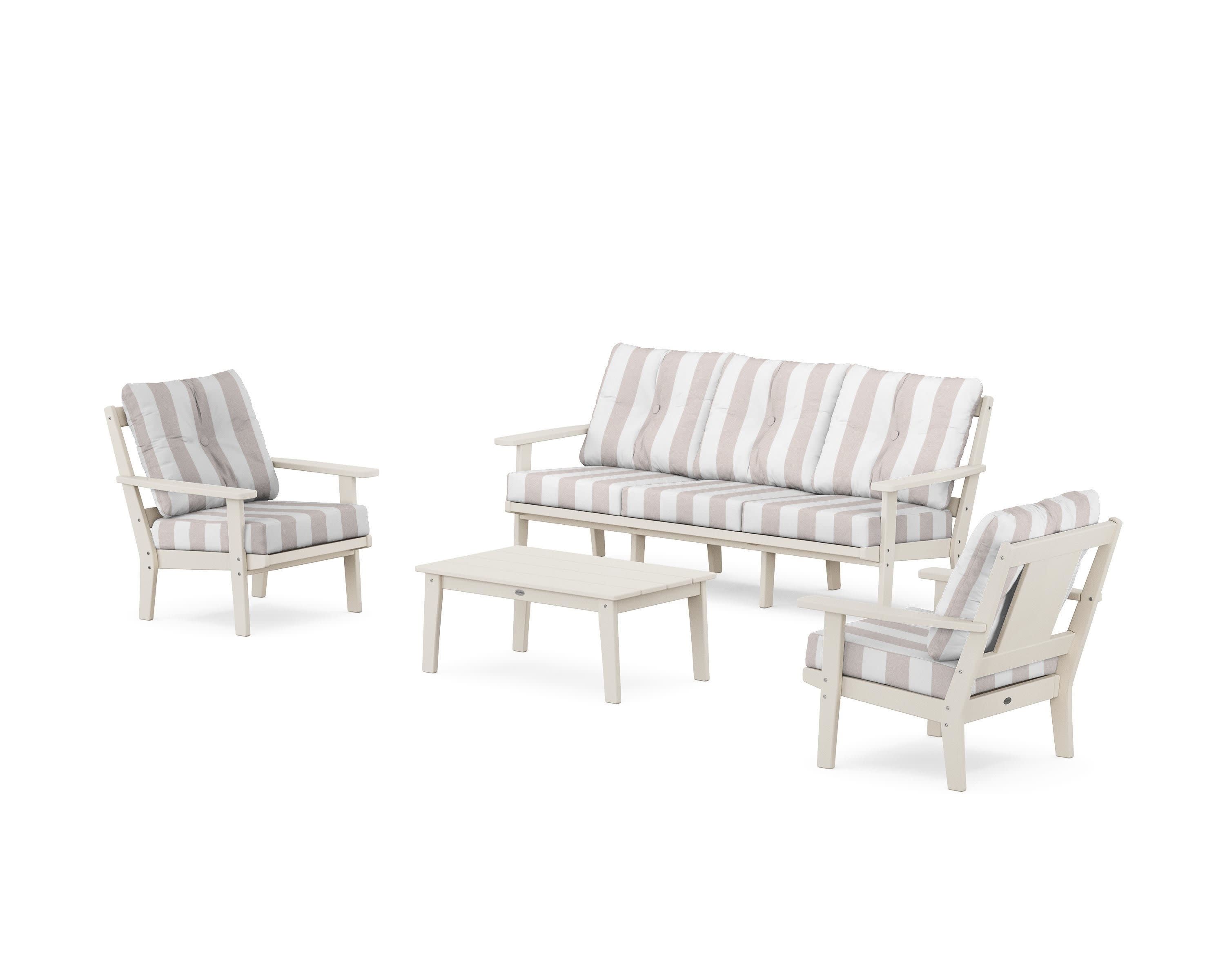 Prairie 4-Piece Deep Seating Set with Sofa in Sand / Cabana Stripe Dune Burlap